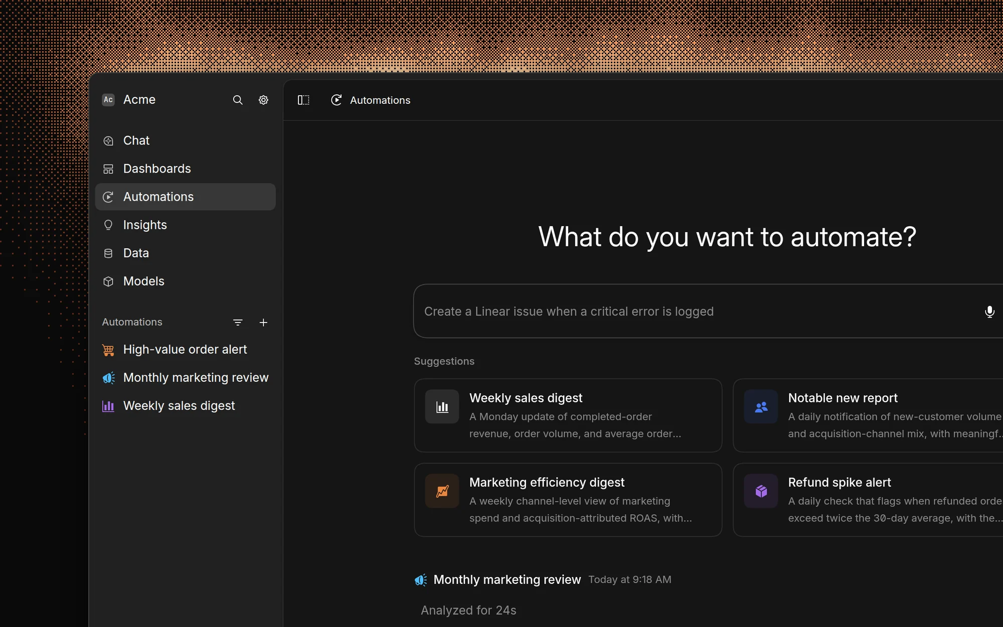 The Automations page with a prompt box, suggested automations, three automations in the sidebar, and the latest run of the monthly marketing review