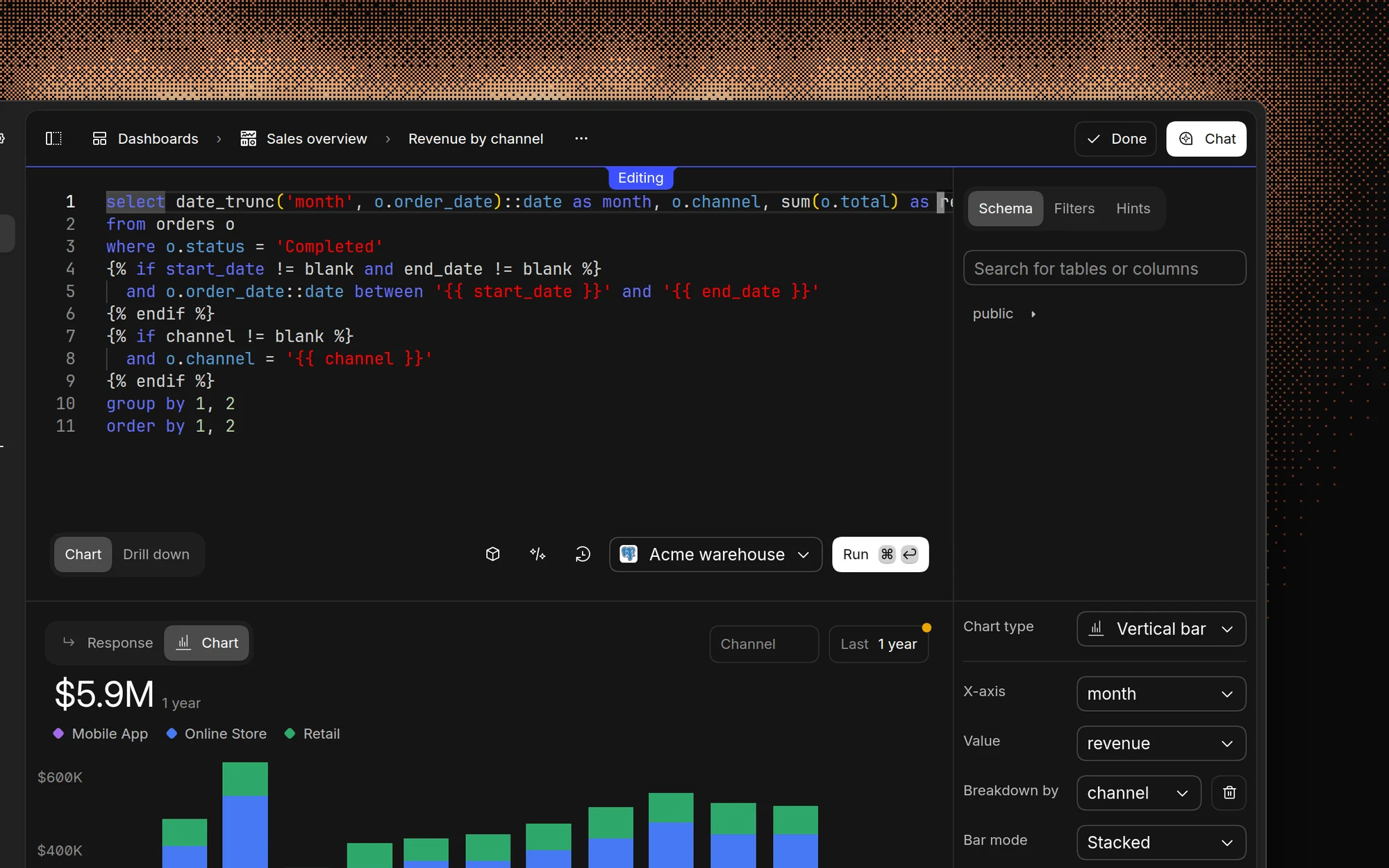 The Basedash chart editor with a SQL query on top, a stacked bar chart of revenue by channel below, and chart settings on the right