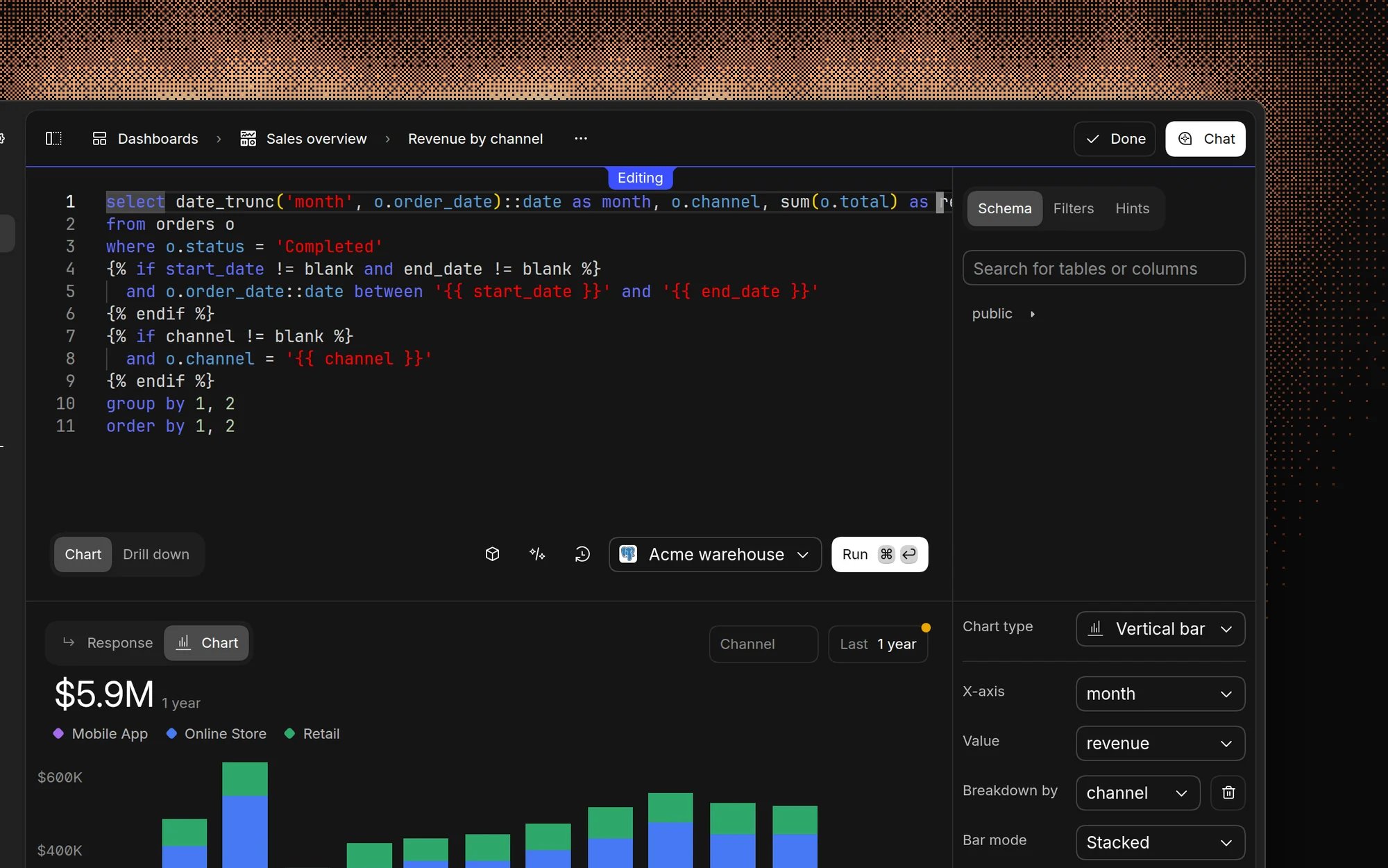 The Basedash chart editor with a SQL query on top, a stacked bar chart of revenue by channel below, and chart settings on the right