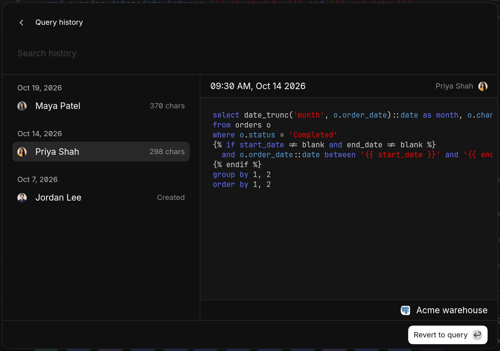 Query history for a chart listing versions by Maya Patel, Priya Shah, and Jordan Lee, with Priya's query previewed and a Revert to query button