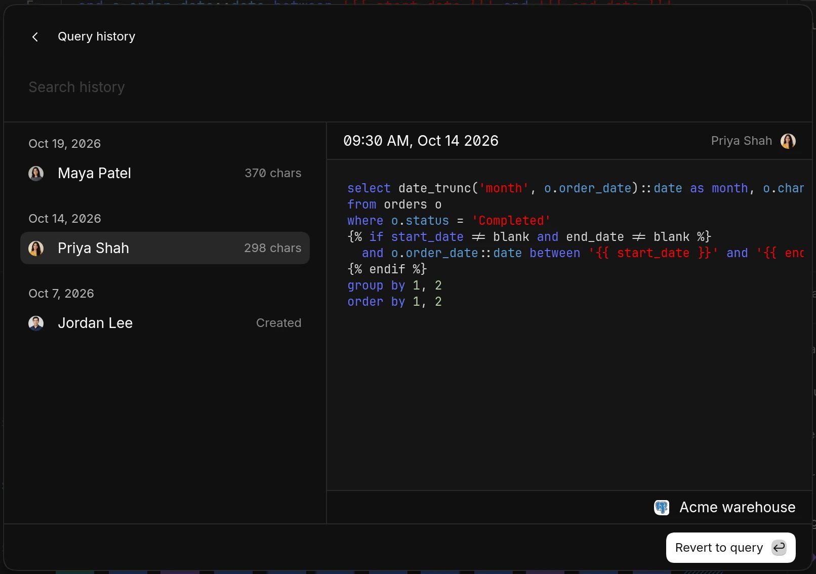 Query history for a chart listing versions by Maya Patel, Priya Shah, and Jordan Lee, with Priya's query previewed and a Revert to query button