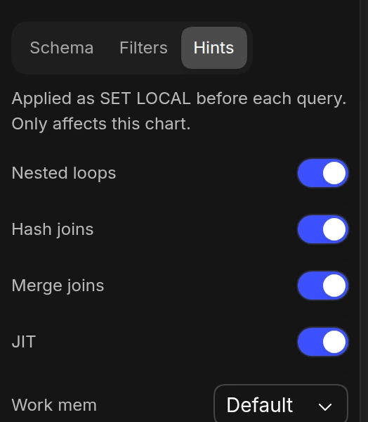 The Hints tab in the chart editor with toggles for nested loops, hash joins, merge joins, and JIT, and work mem and join collapse settings