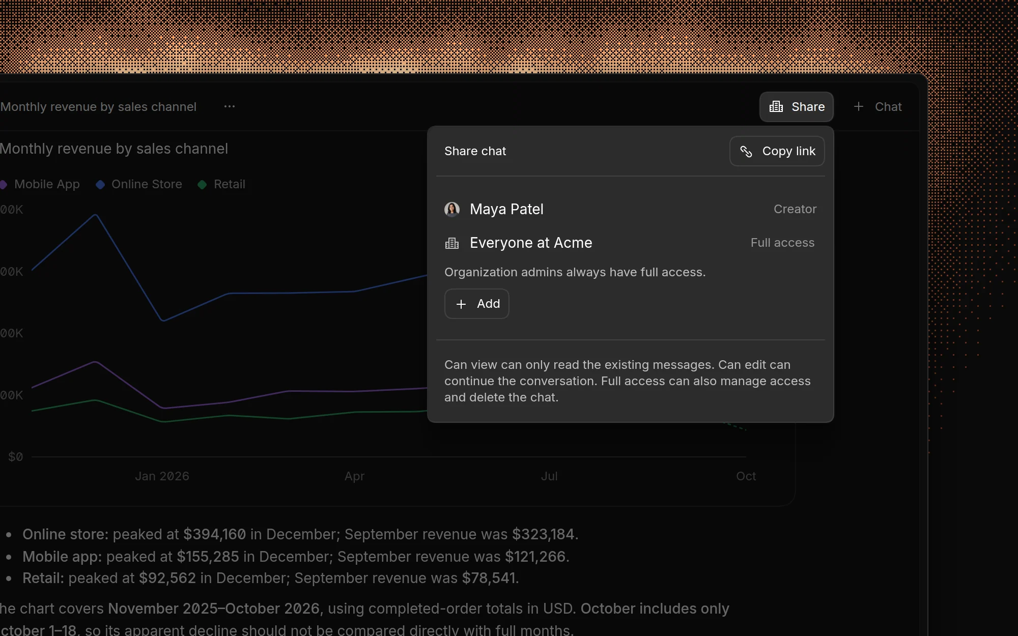 The Share chat menu showing Maya Patel as creator, everyone at Acme with full access, and a Copy link button