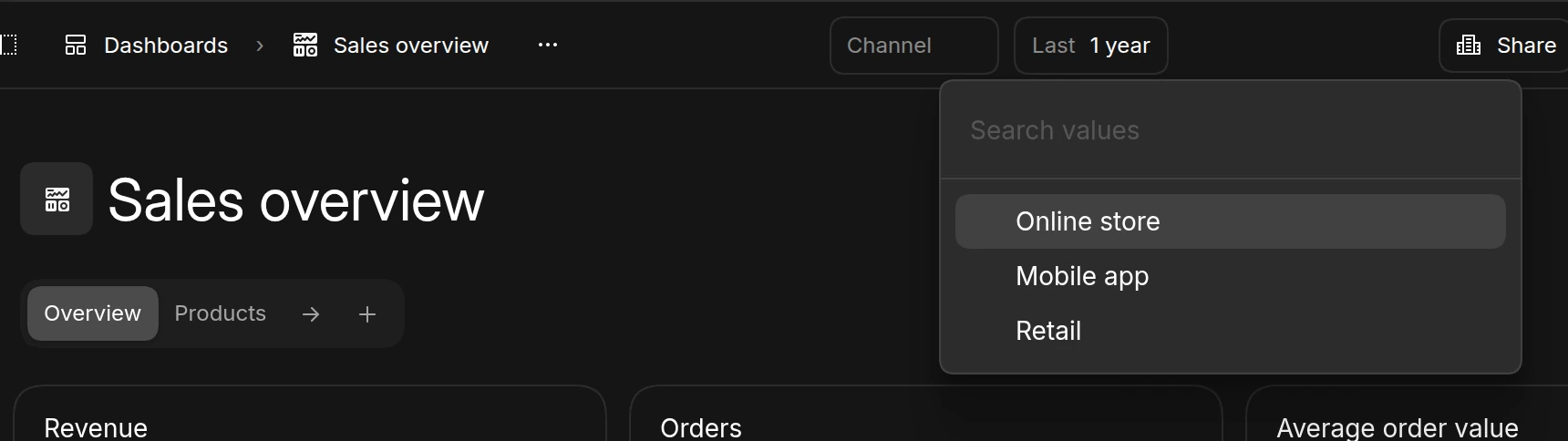 The Channel filter open in a dashboard header, listing Online store, Mobile app, and Retail, next to the Last 1 year date range and the dashboard tabs