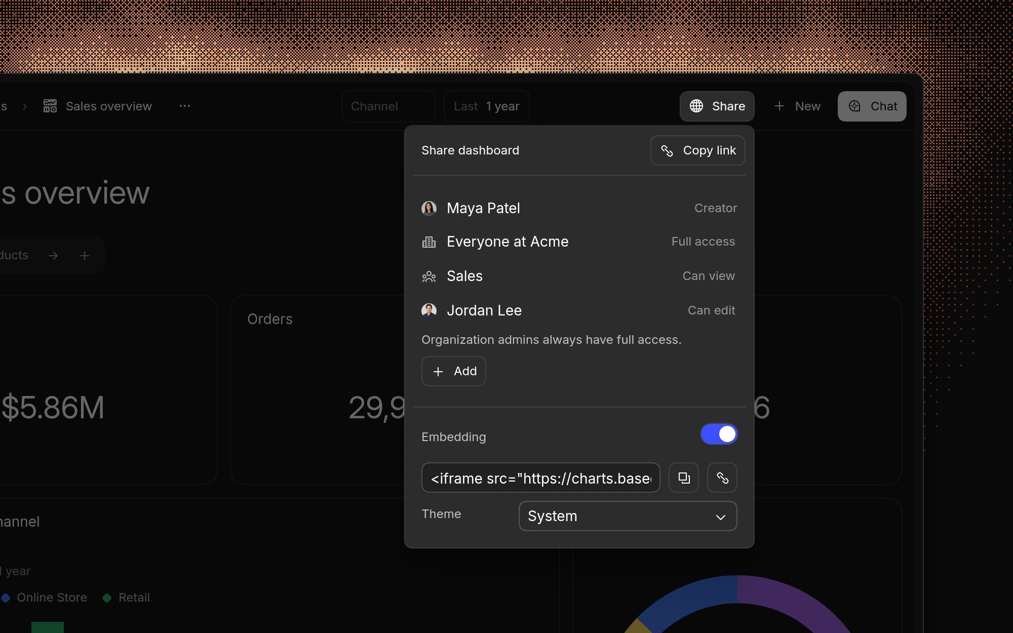 The Share dashboard menu with Embedding turned on, showing the iframe embed code, a copy link button, and the embed theme setting