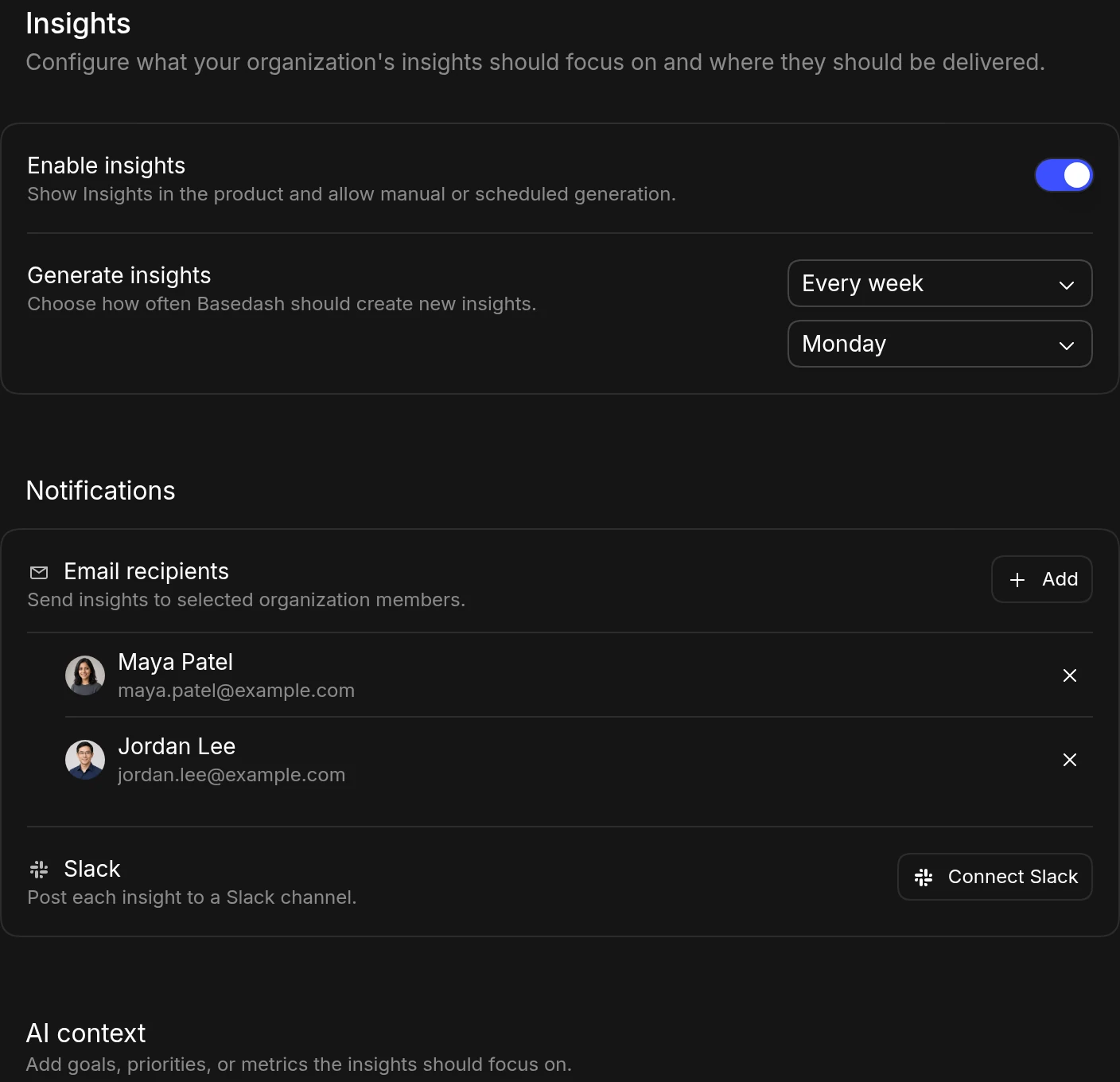 Insights settings with insights enabled, weekly generation on Monday, email recipients and Slack notifications, and an AI context box