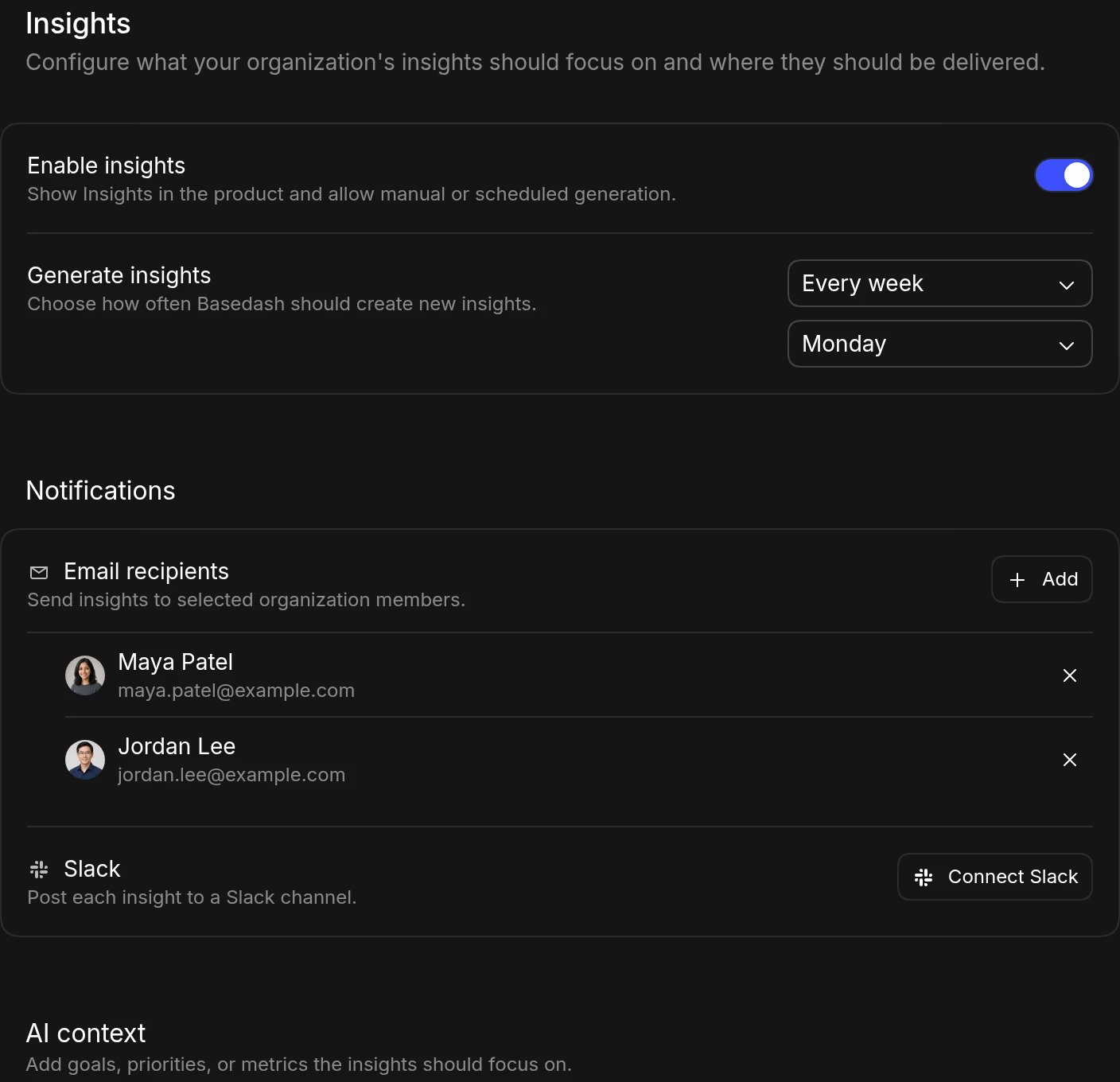 Insights settings with insights enabled, weekly generation on Monday, email recipients and Slack notifications, and an AI context box