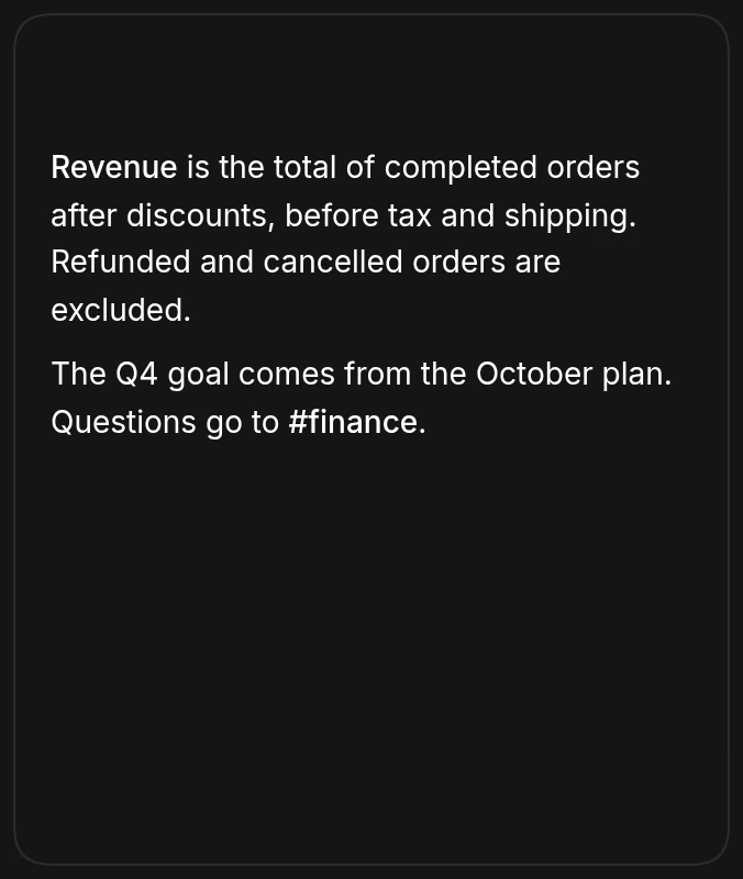 A text component on a dashboard explaining how revenue is counted, with a bold term and a pointer to the finance channel