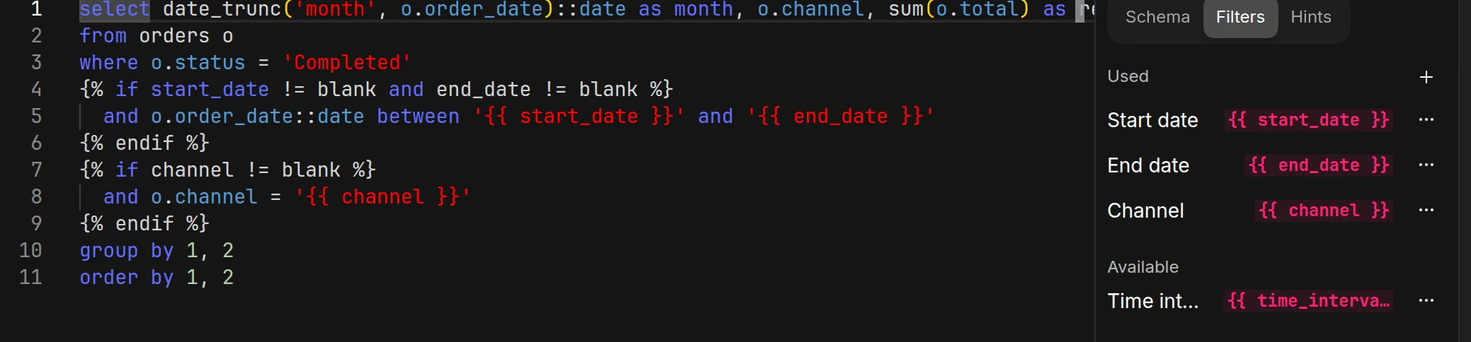 The chart editor with a query that uses start_date, end_date, and channel variables, and the Filters tab listing those three as used and Time interval as available