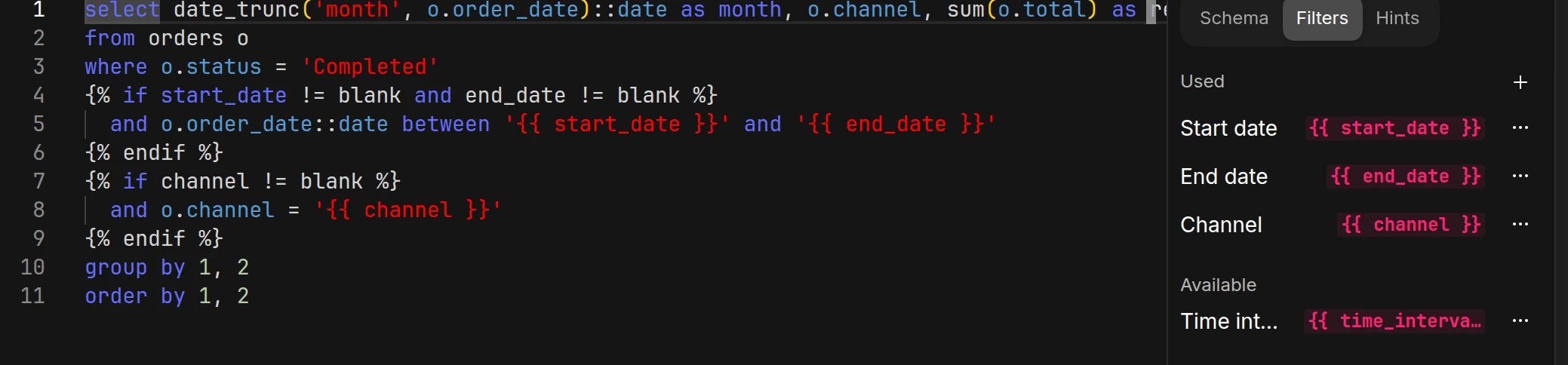 The chart editor with a query that uses start_date, end_date, and channel variables, and the Filters tab listing those three as used and Time interval as available