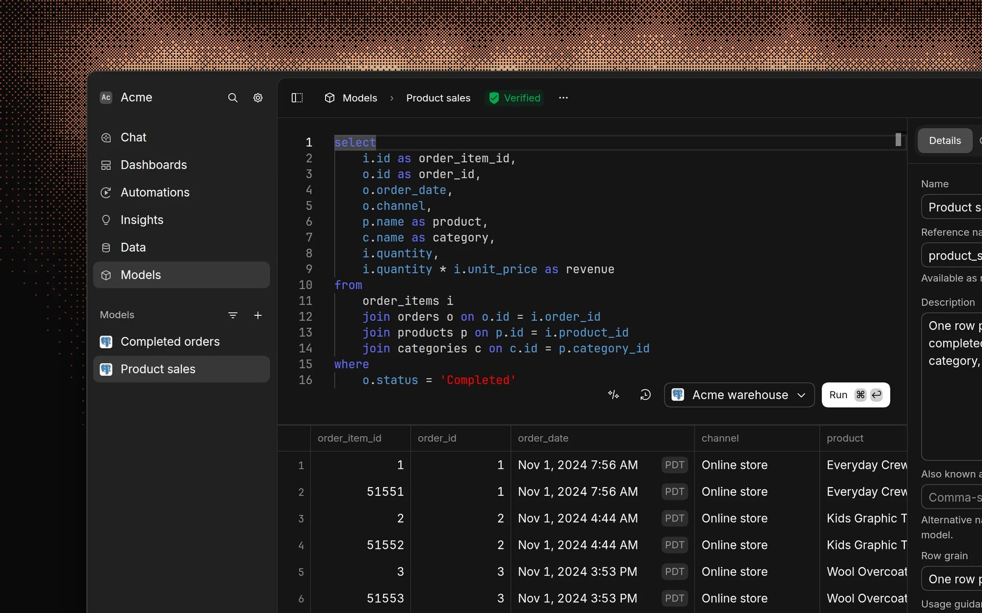 The model editor for the verified Product sales model, with its SQL joining orders, items, products, and categories, a preview of the rows, and the Details panel with its description and row grain