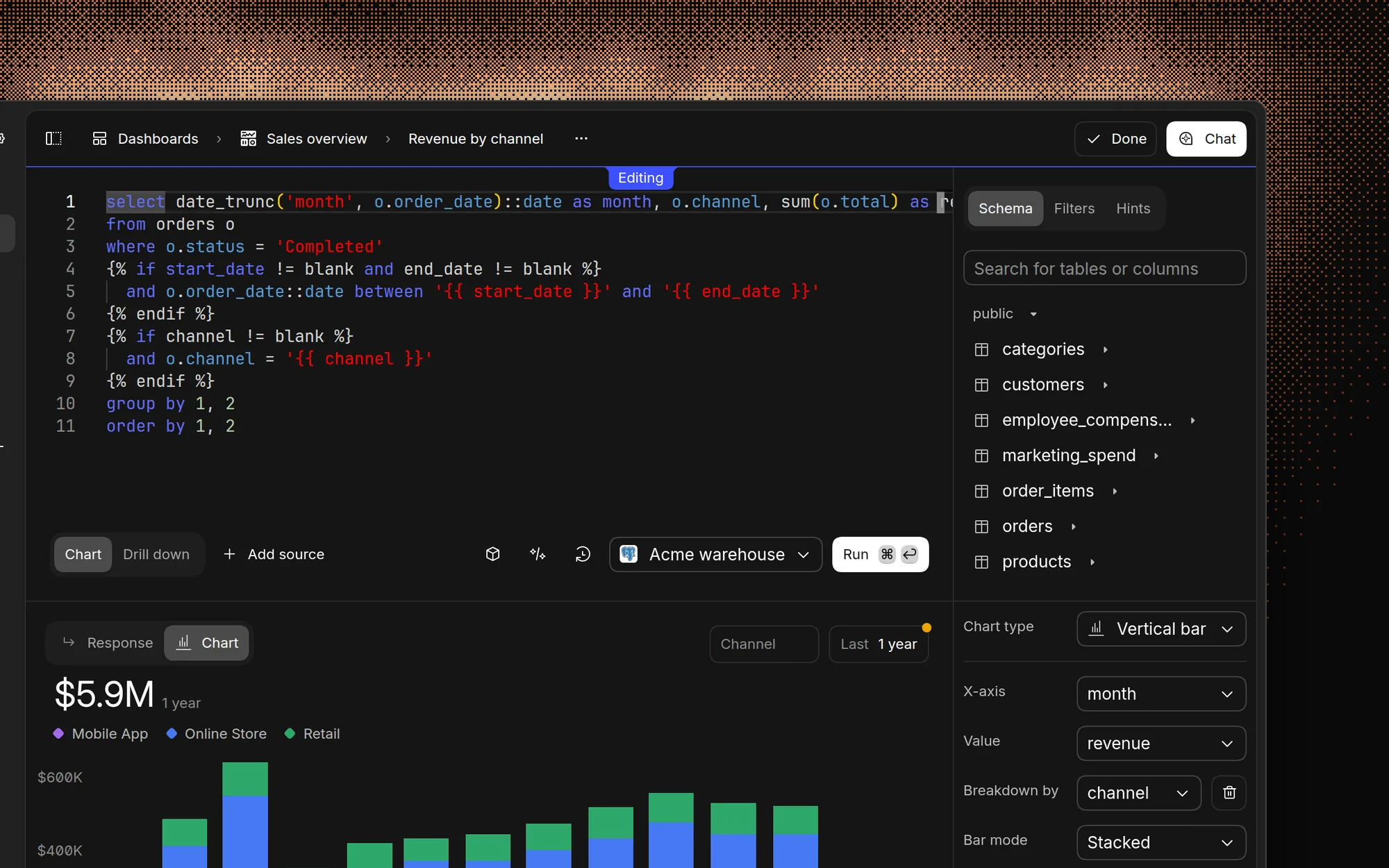 The SQL editor with a revenue by channel query using date and channel variables, the schema browser listing the warehouse tables, and the resulting stacked bar chart below