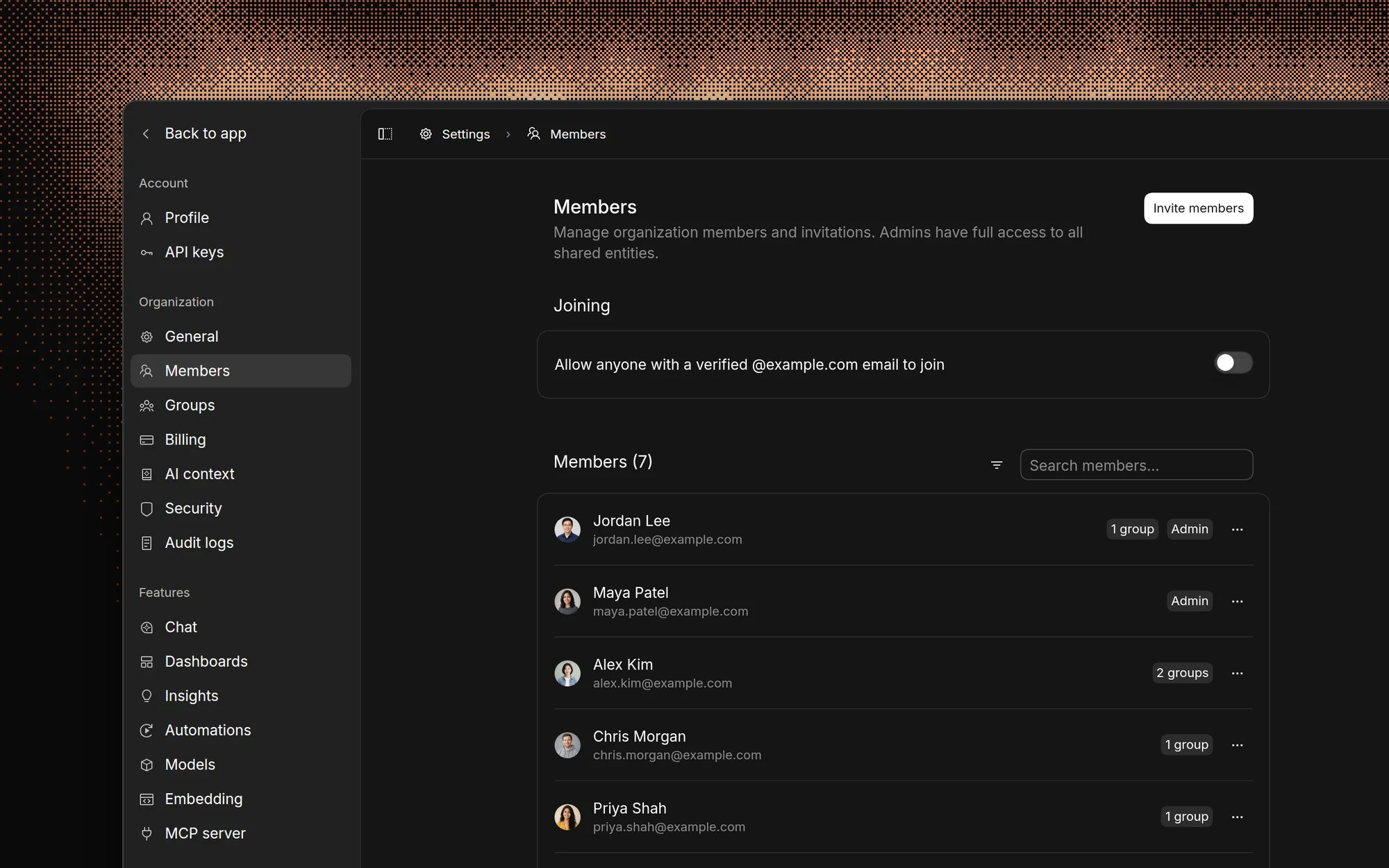 The Members settings page listing Acme's seven members with their emails, groups, and admin badges, and an Invite members button