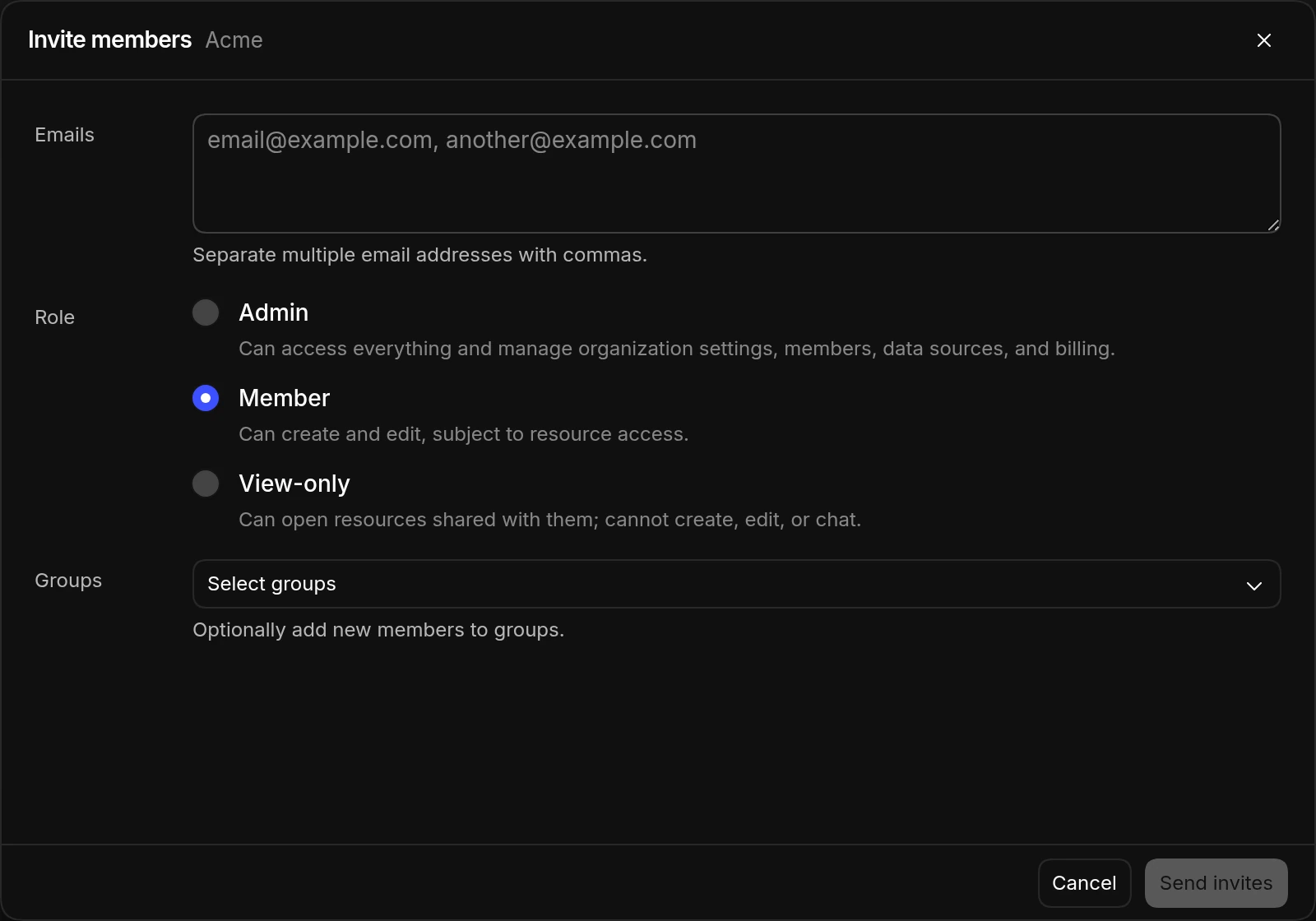 The Invite members dialog with an email field, Admin, Member, and View-only role options, and an optional group picker
