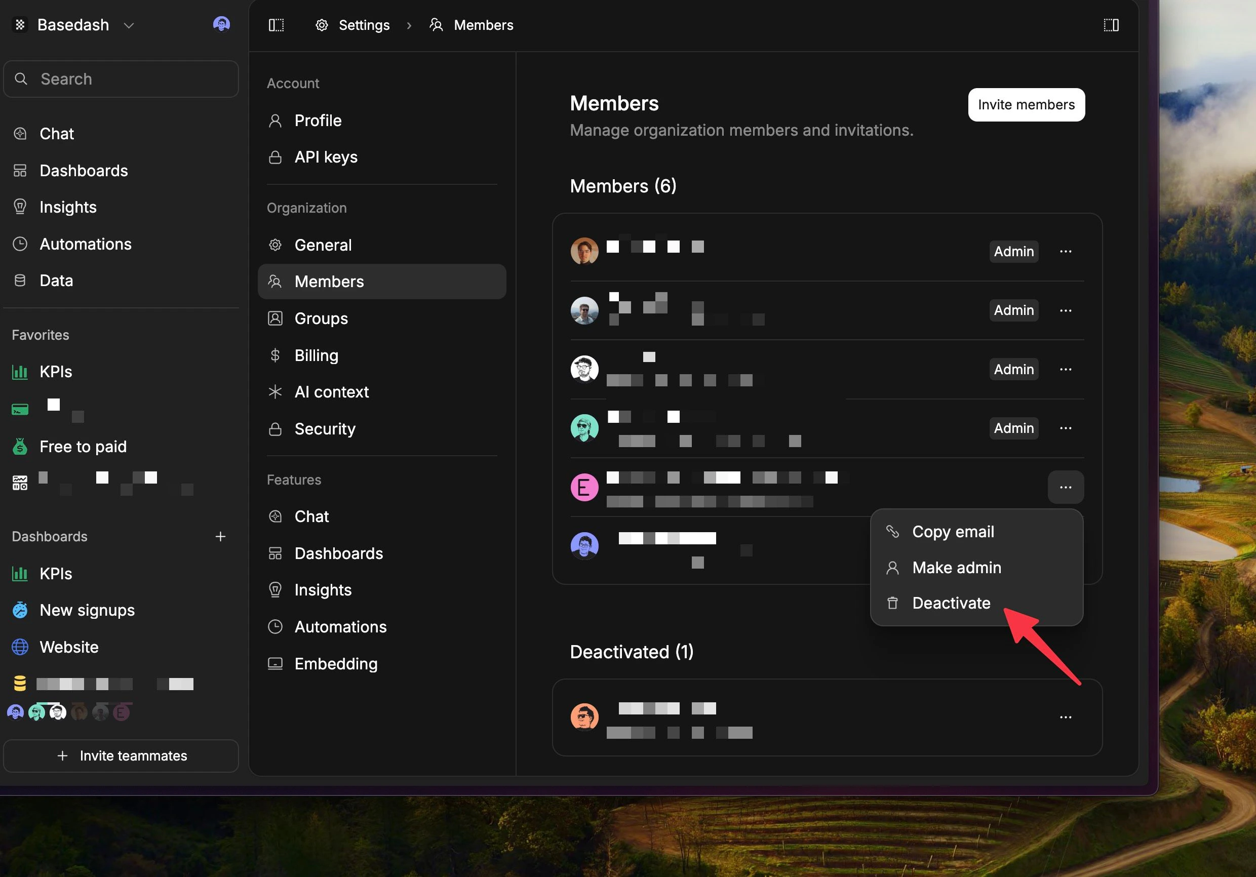 Member settings showing deactivate member option
