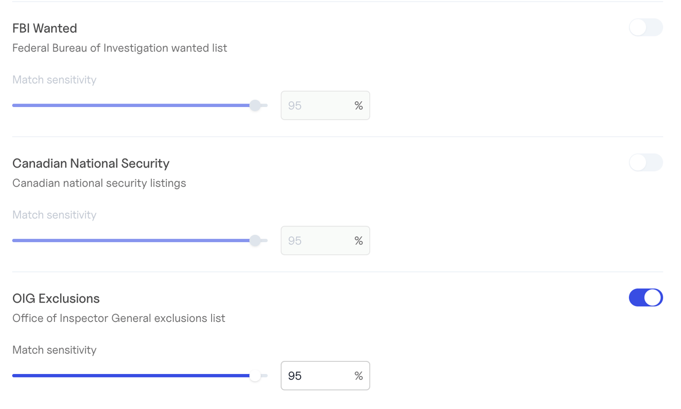 Watchlist Screening settings with the FBI Wanted and Canadian National Security lists switched off