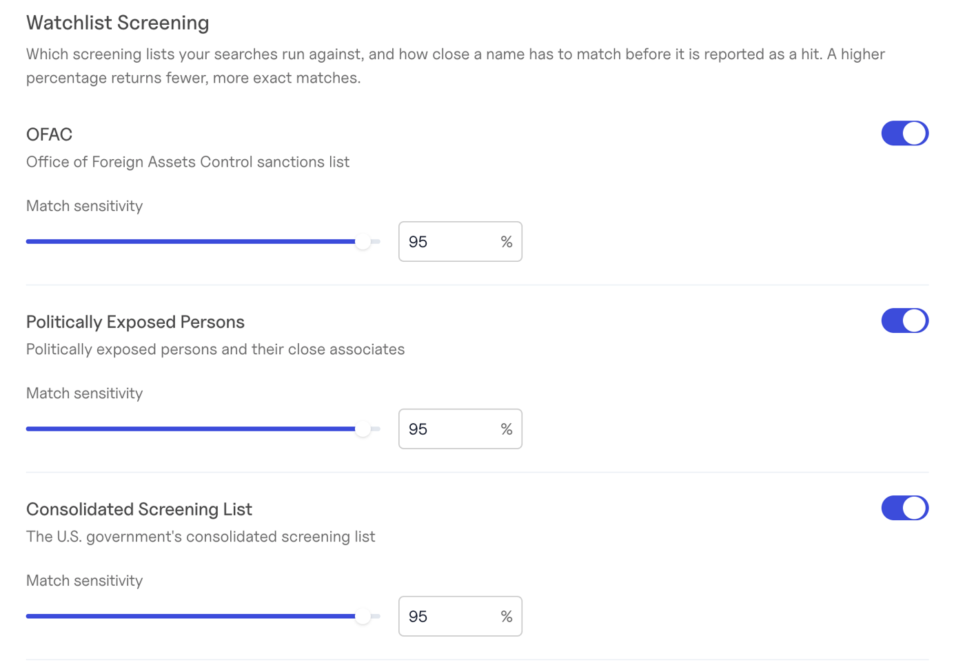 Watchlist Screening in the Baselayer console Settings tab, with a switch and a match sensitivity slider for each list