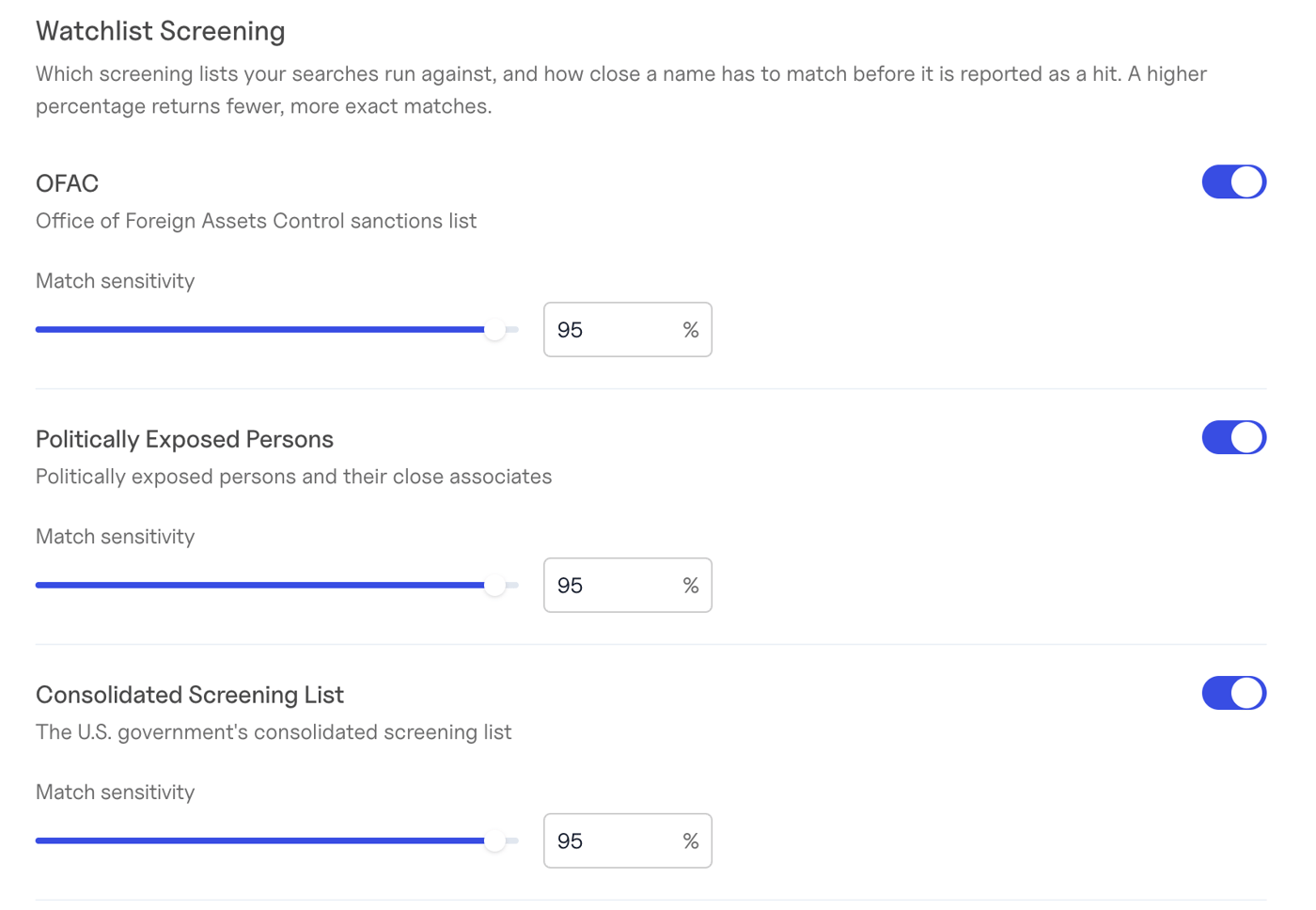Watchlist Screening in the Baselayer console Settings tab, with a switch and a match sensitivity slider for each list