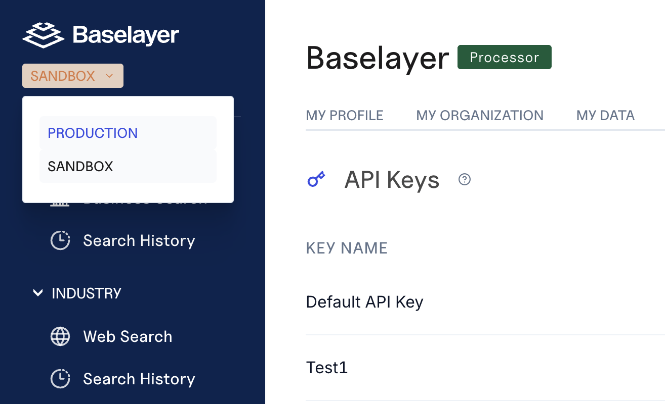 The environment selector in the top-left corner determines which environment you're viewing
