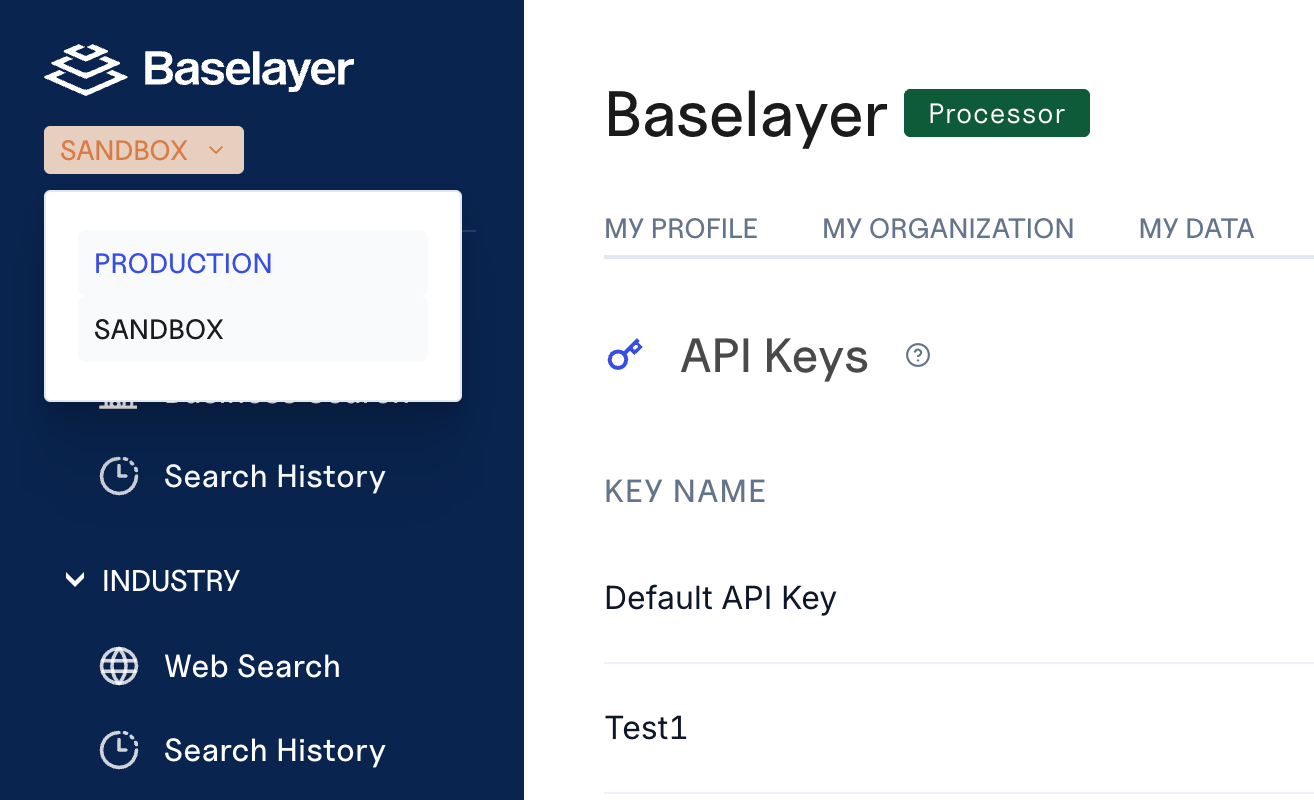 The environment selector in the top-left corner determines which environment you're viewing