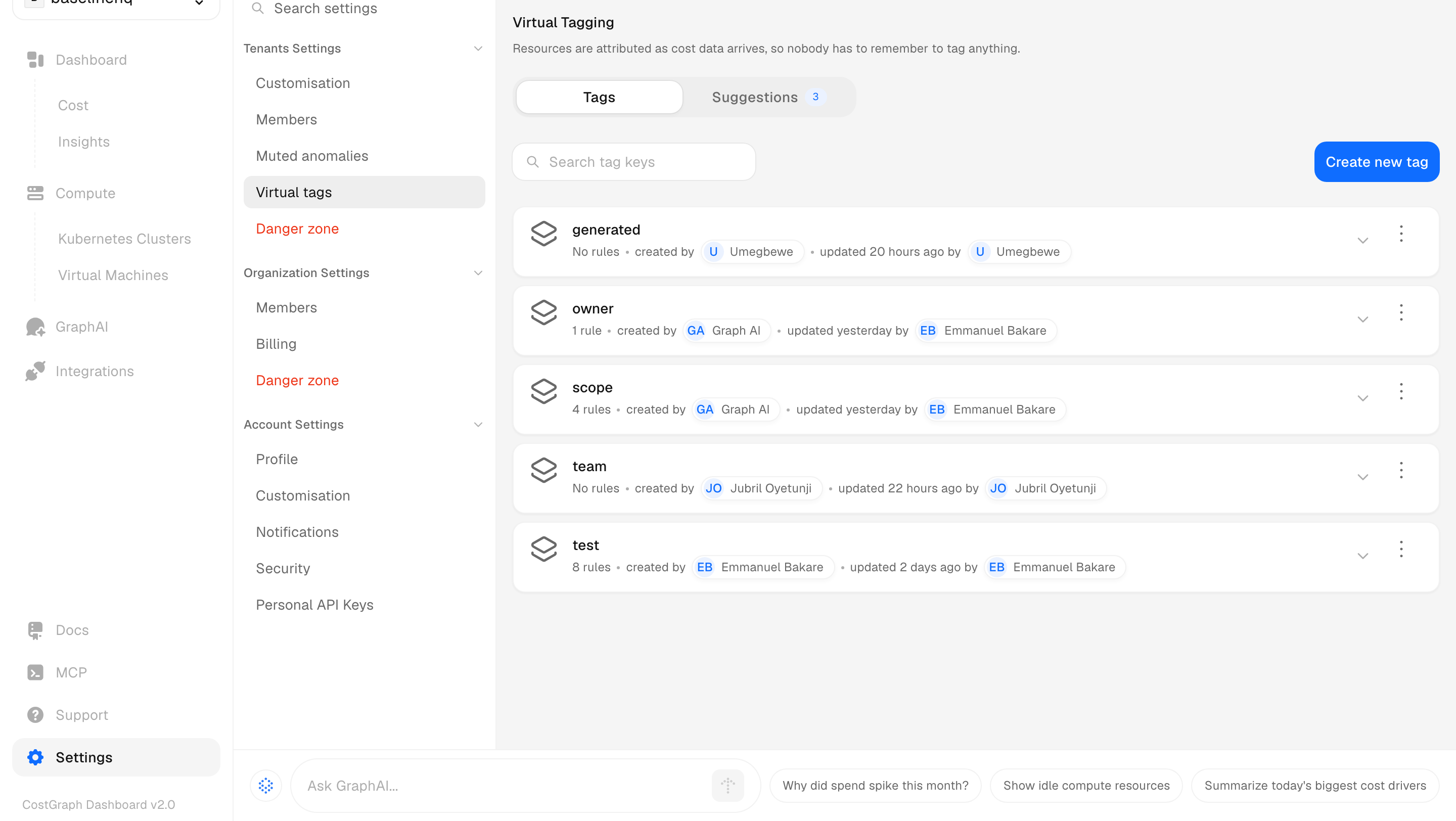 The Virtual tags page, listing each tag key with who created it and when