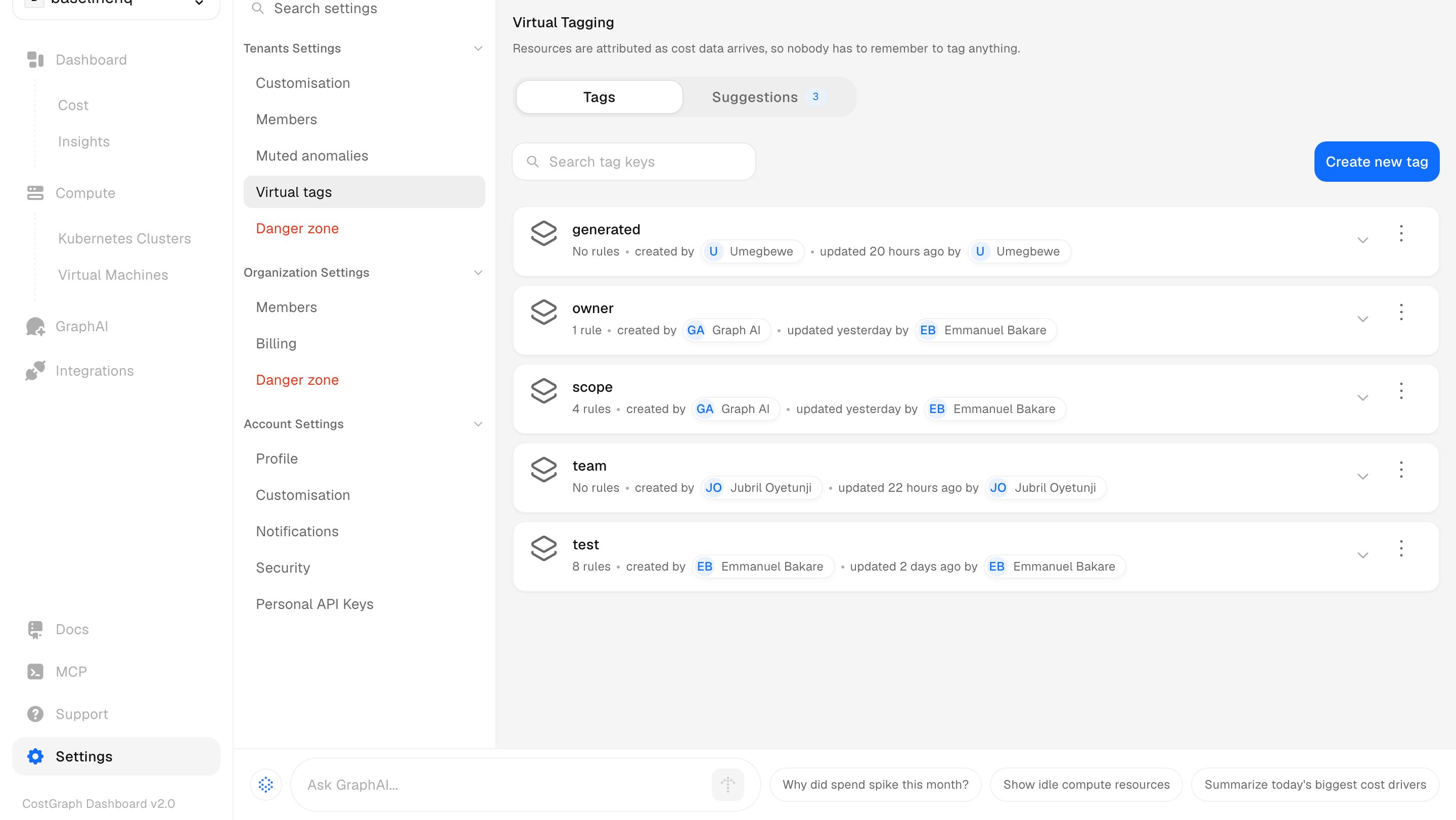 The Virtual tags page, listing each tag key with who created it and when
