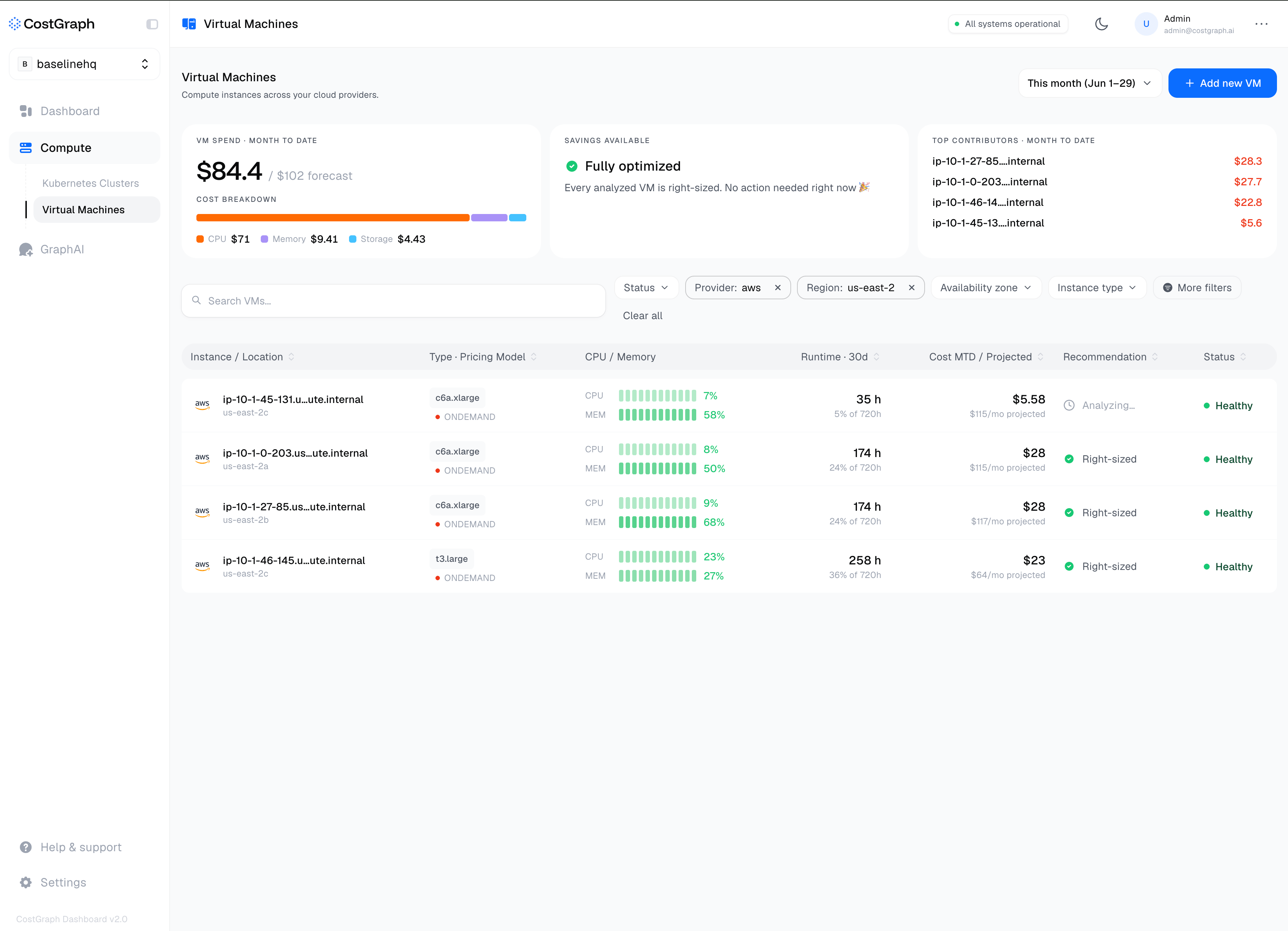 CostGraph agent host view in the platform