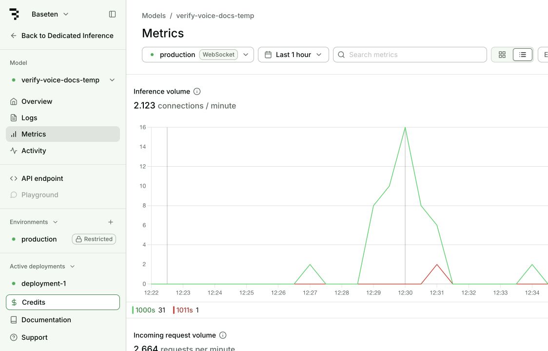Metrics view showing completed WebSocket connections: green for normal closures and red for an internal error from an invalid-metadata test.