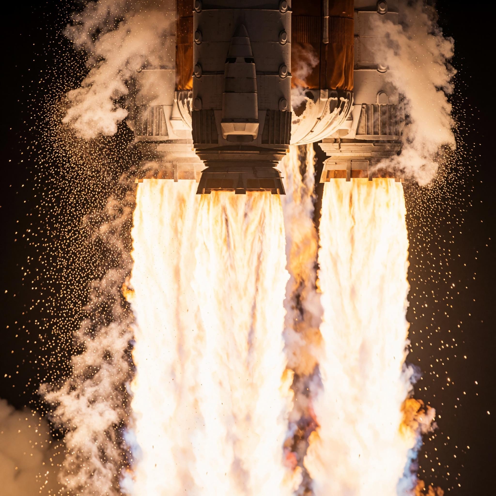 Close-up of a rocket lifting off at night, dense engine exhaust plumes and billowing smoke lit from within by the flames