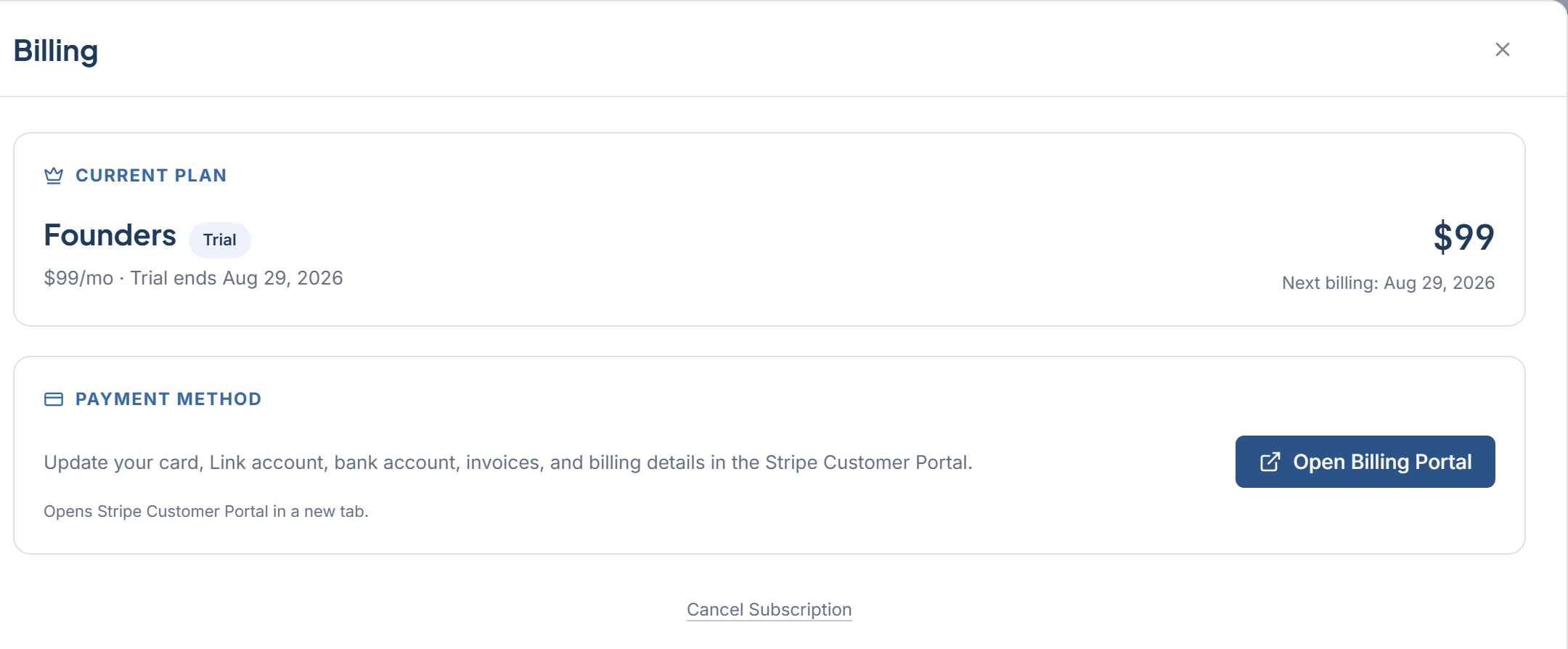 Settings > Billing showing the Current plan card, Open Billing Portal, and Cancel Subscription under the Payment method card