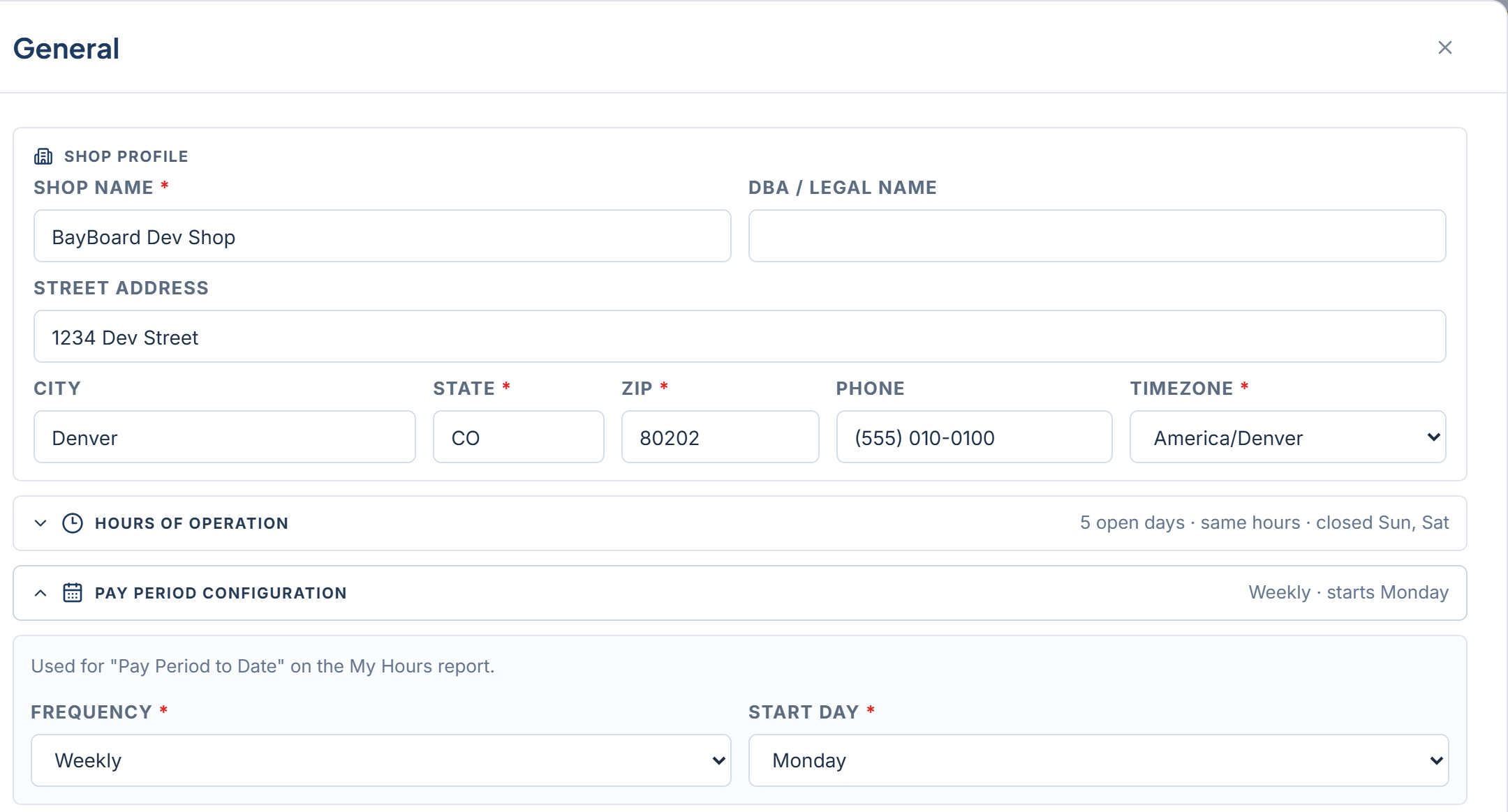 Settings > General with the Shop profile fields, the Hours of Operation row, and Pay Period Configuration open