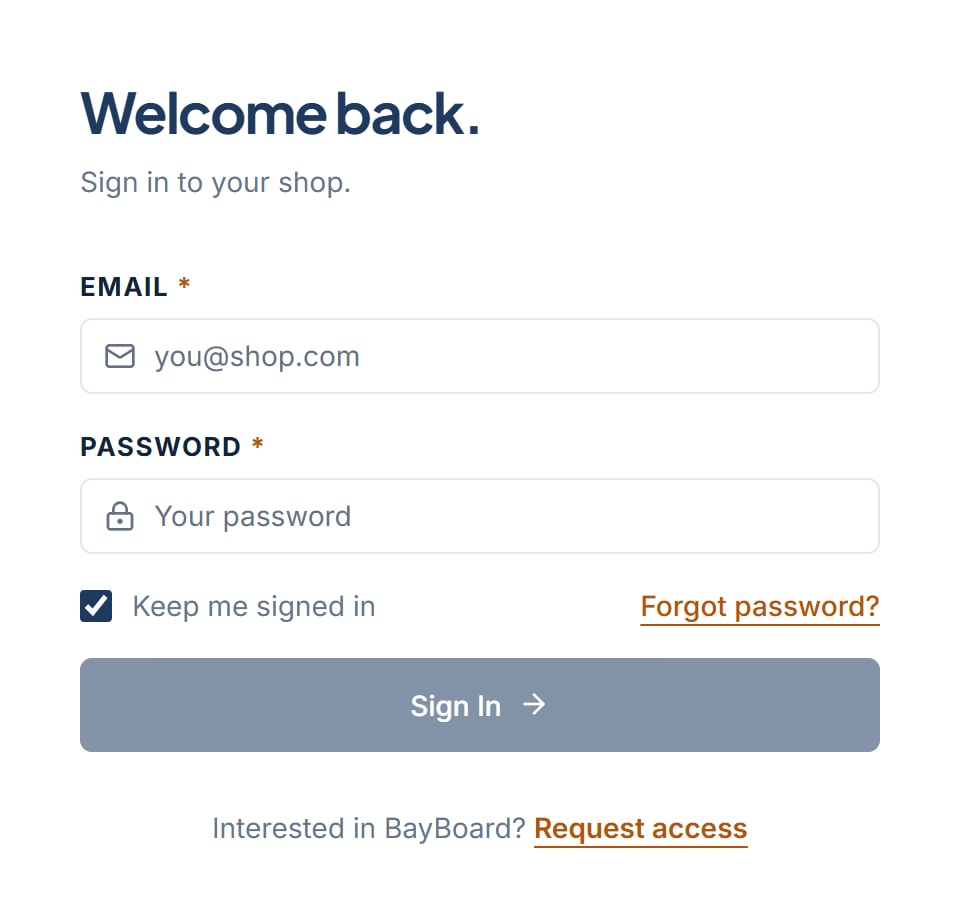 The BayBoard sign-in form with Email, Password, Keep me signed in, Forgot password?, and the Sign In button