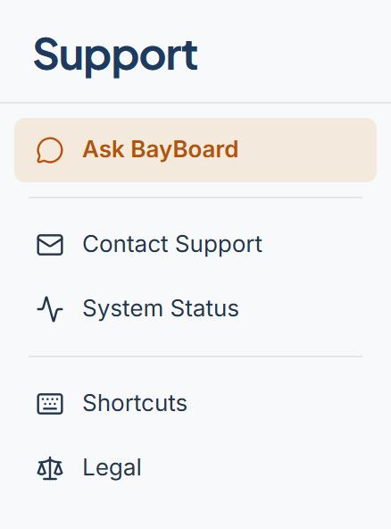 The Support rail with Ask BayBoard, Contact Support, System Status, Shortcuts, and Legal