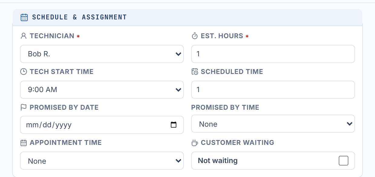 The Schedule and Assignment section of the job editor with Promised By Date, Promised By Time, and Customer Waiting