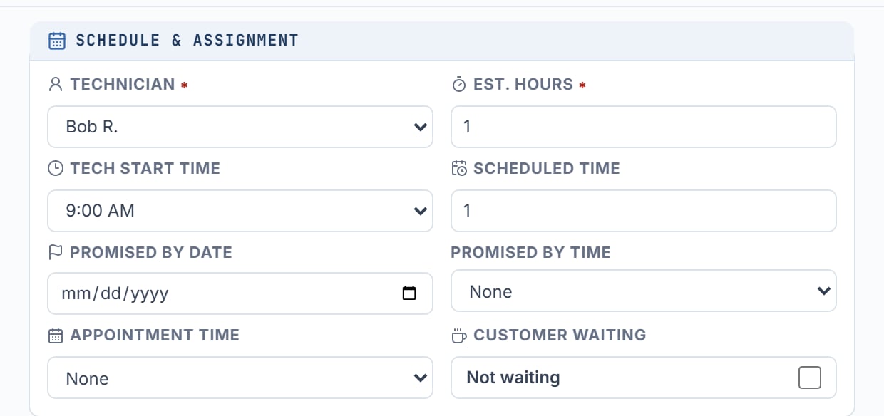 The Schedule and Assignment section of the job editor with Promised By Date, Promised By Time, and Customer Waiting