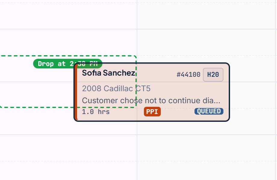 A job card being dragged onto a technician column with a green dashed preview reading Drop at 2:30 PM