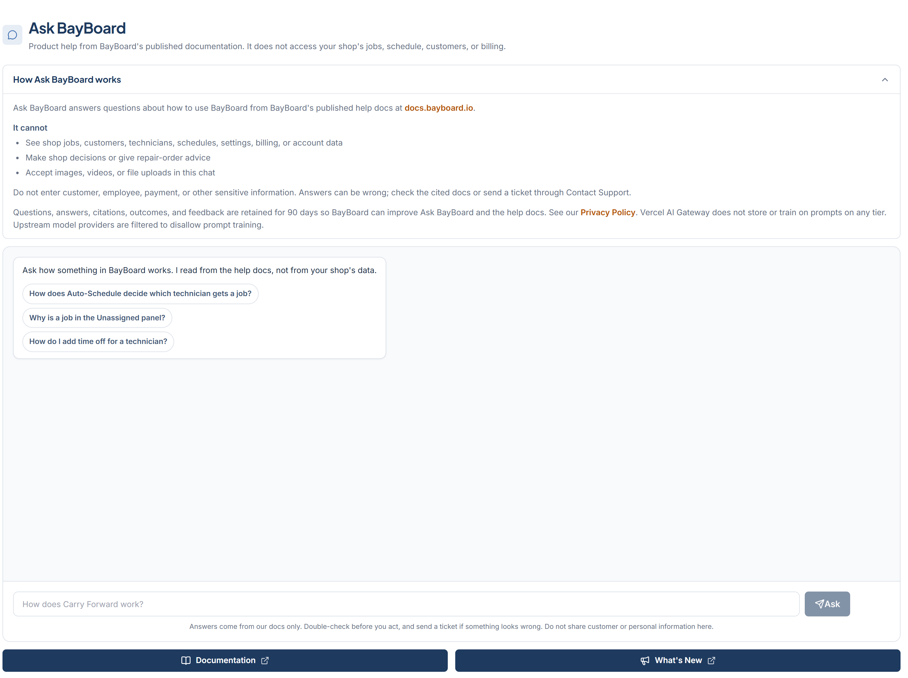 Support Ask BayBoard with the How Ask BayBoard works panel, the starter questions, the ask box, and the Documentation and What's New buttons