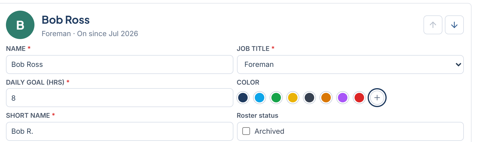 A technician's fields in Settings > Team with the Roster status Archived checkbox on the right