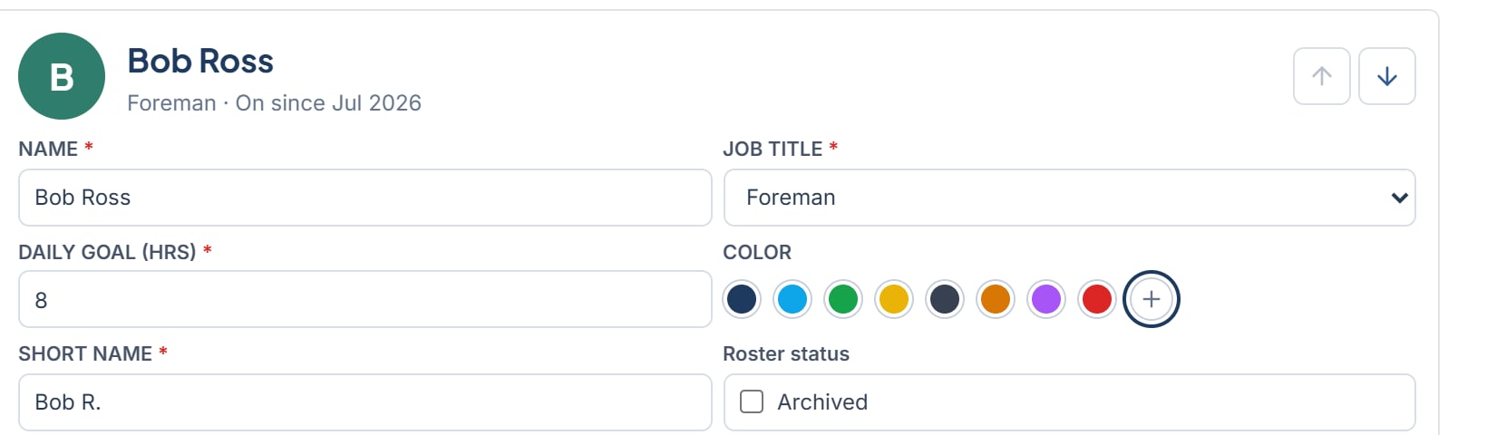 A technician's fields in Settings > Team with the Roster status Archived checkbox on the right