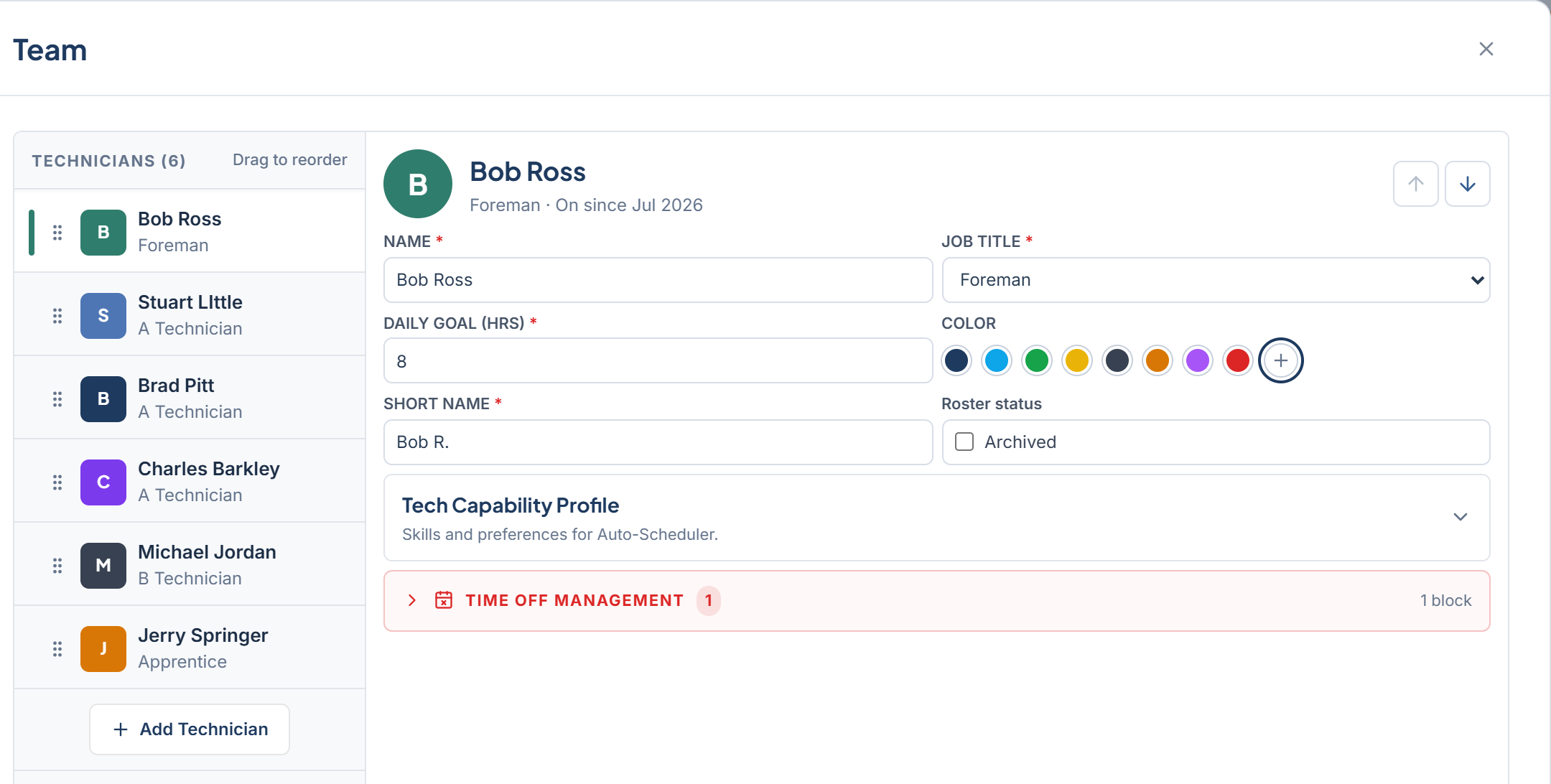 Settings > Team with the technician list, a technician's name, job title, daily goal, color, and short name, and the Add Technician button