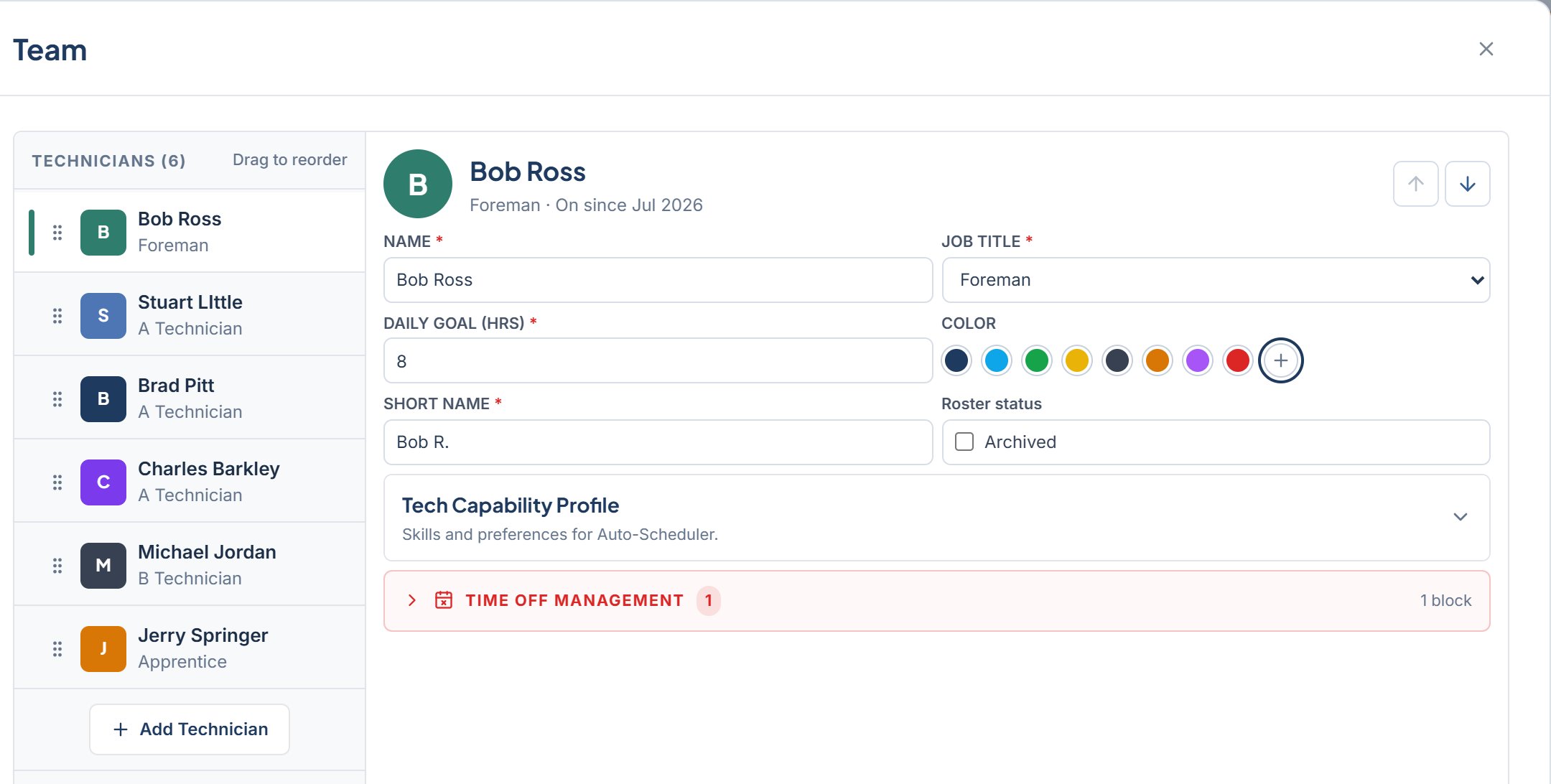 Settings > Team with the technician list, a technician's name, job title, daily goal, color, and short name, and the Add Technician button
