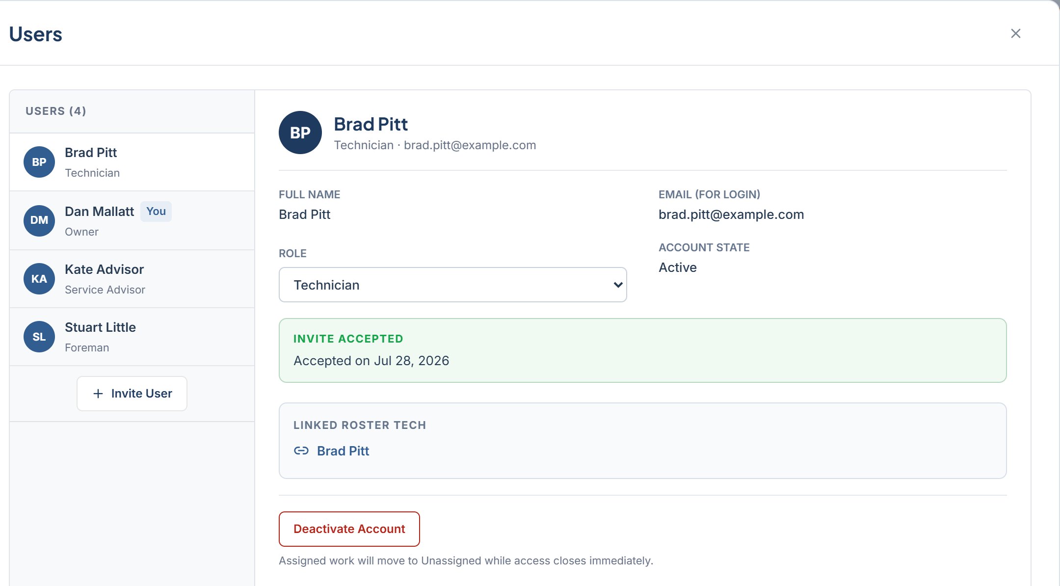 Settings > Users with the user list on the left and a member's detail fields on the right