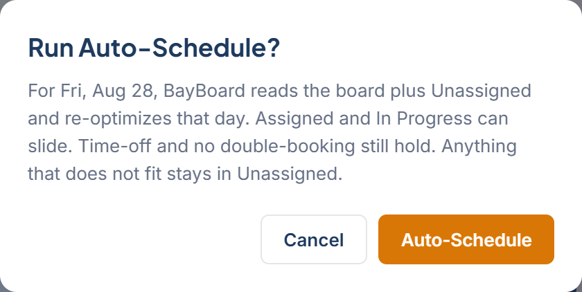 The Run Auto-Schedule confirm dialog with Auto-Schedule and Cancel buttons