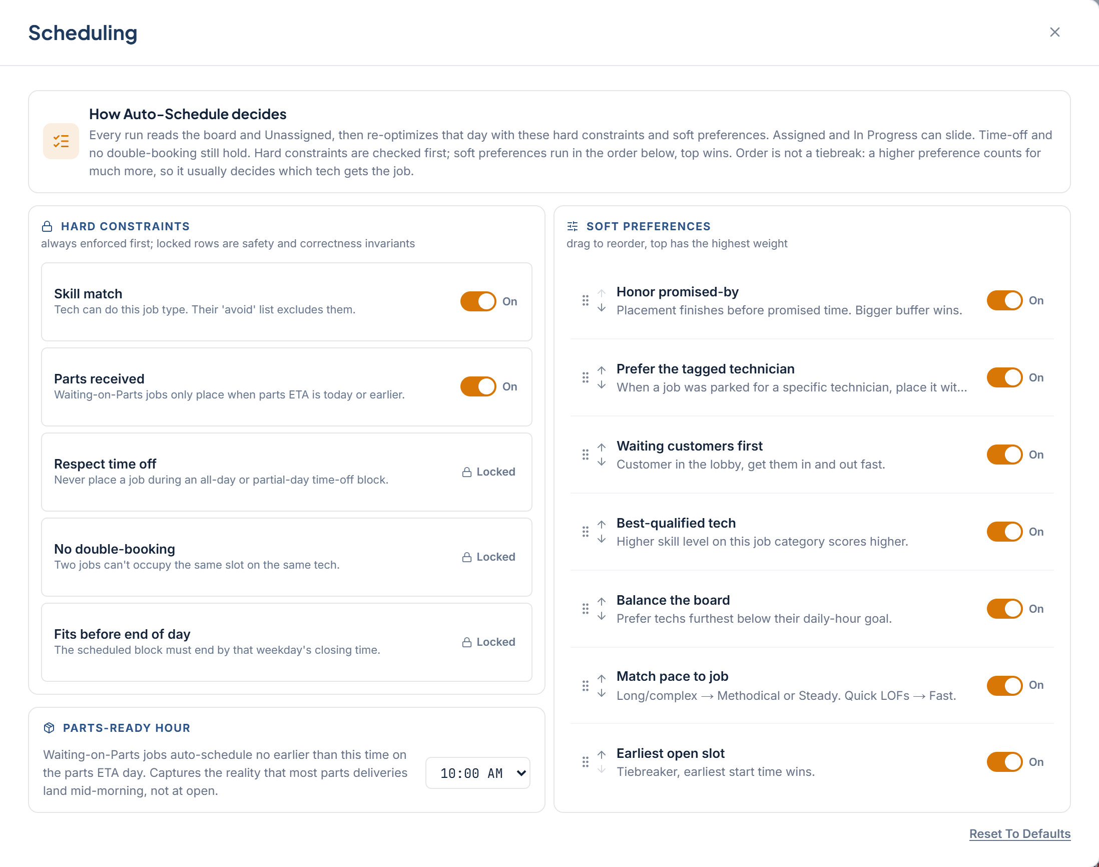 Settings > Scheduling showing the Hard constraints card and the Soft preferences list