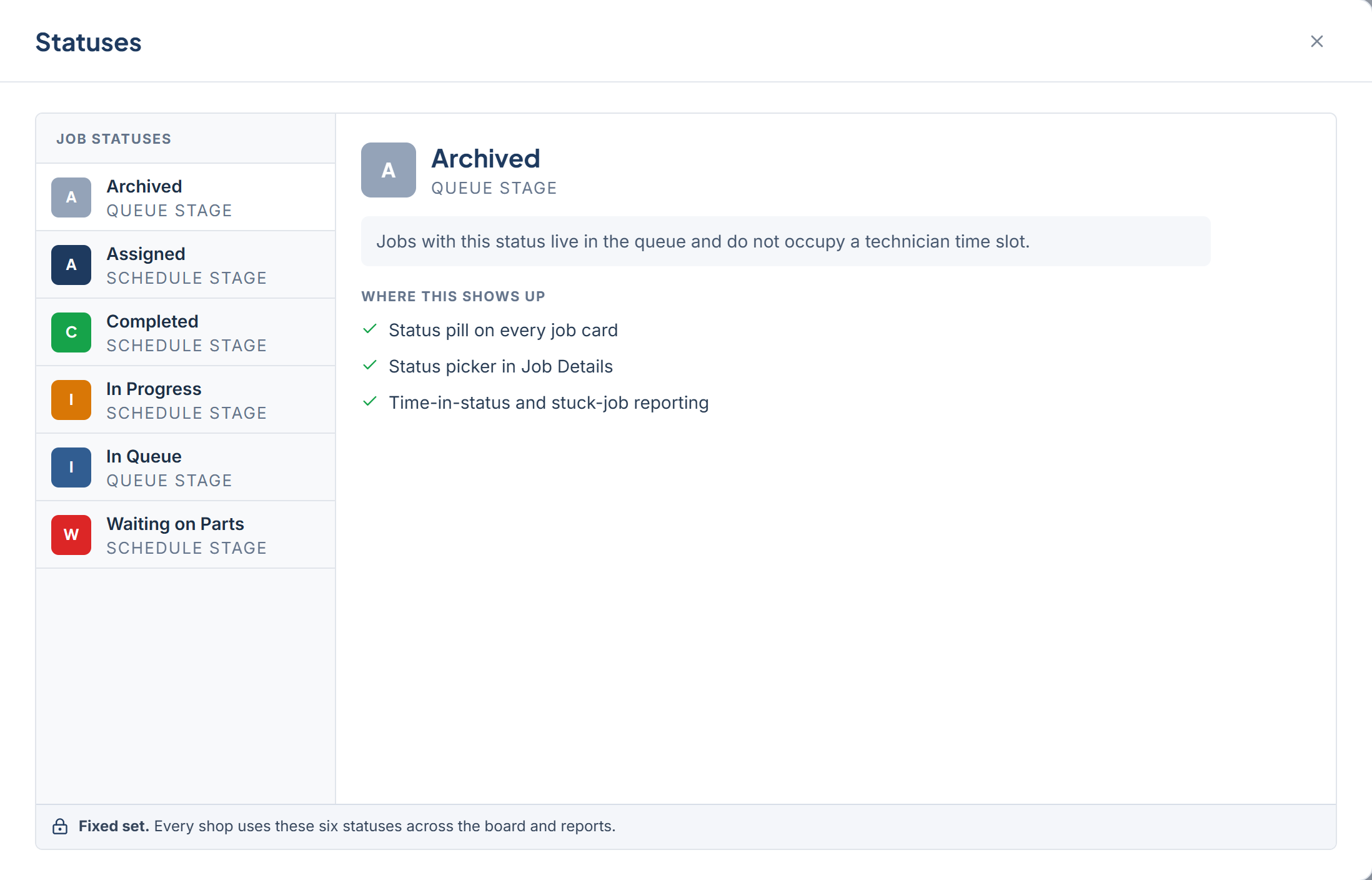 Settings > Statuses showing the Job Statuses list on the left, a selected status's detail on the right, and the Fixed set footer bar