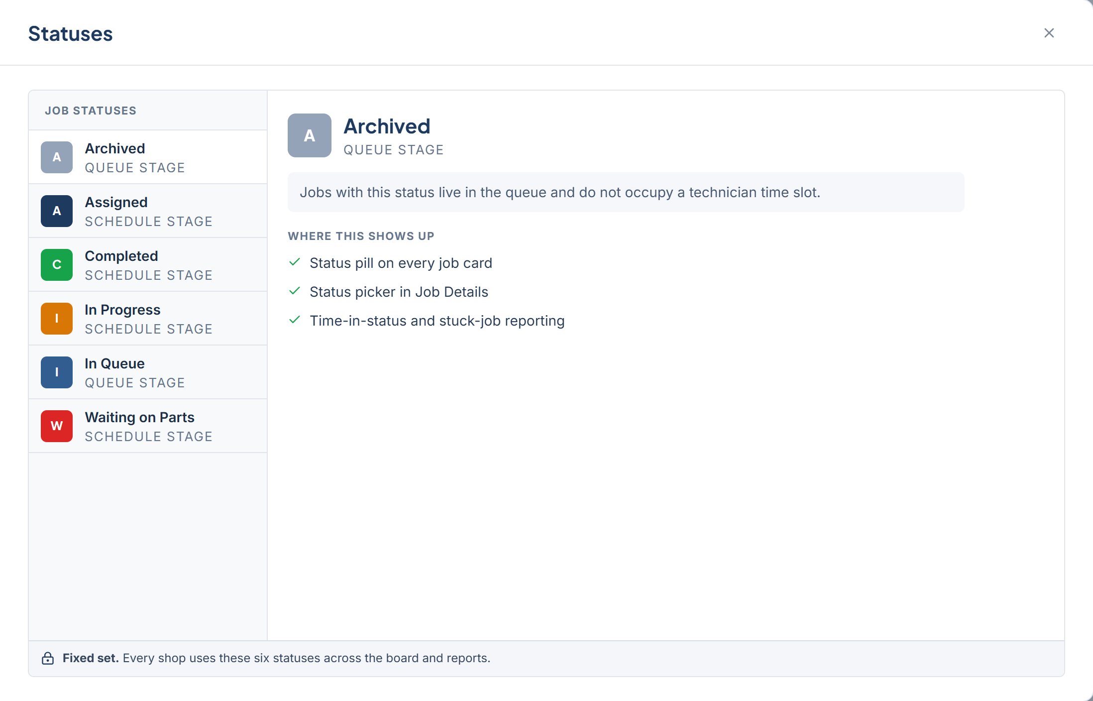 Settings > Statuses showing the Job Statuses list on the left, a selected status's detail on the right, and the Fixed set footer bar