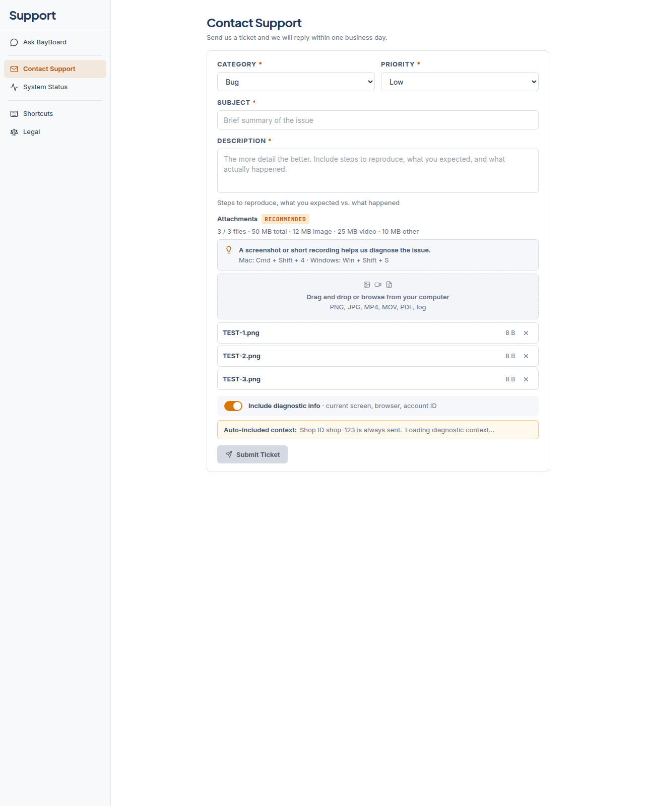 The Contact Support form with Category, Priority, Subject, Description, the attachments drop zone, and the Submit Ticket button