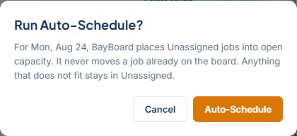 The Run Auto-Schedule confirm dialog with Auto-Schedule and Cancel buttons
