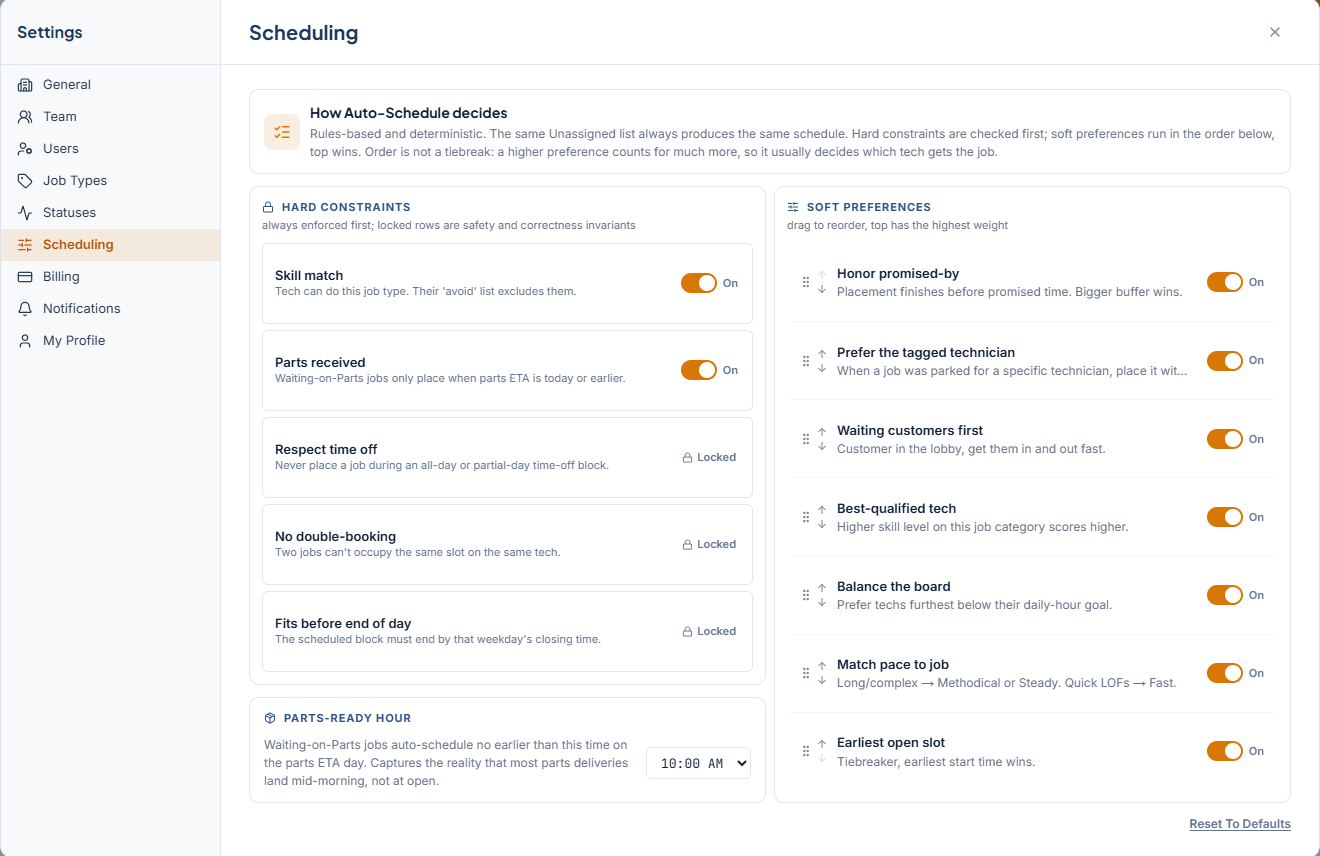 Settings > Scheduling showing the Hard constraints card and the Soft preferences list