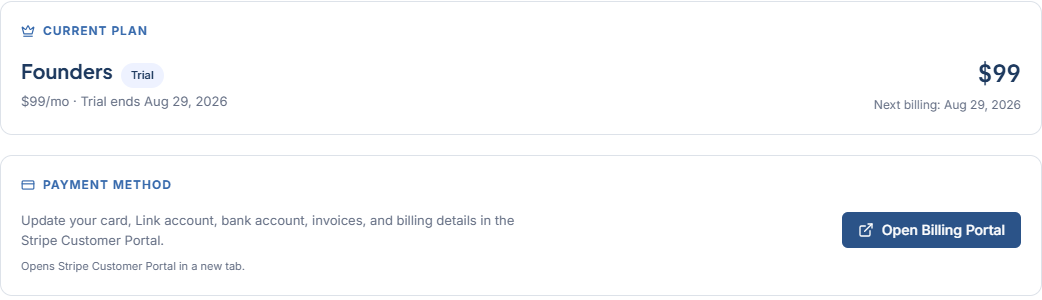 Settings > Billing showing the Current plan card and the Open Billing Portal button